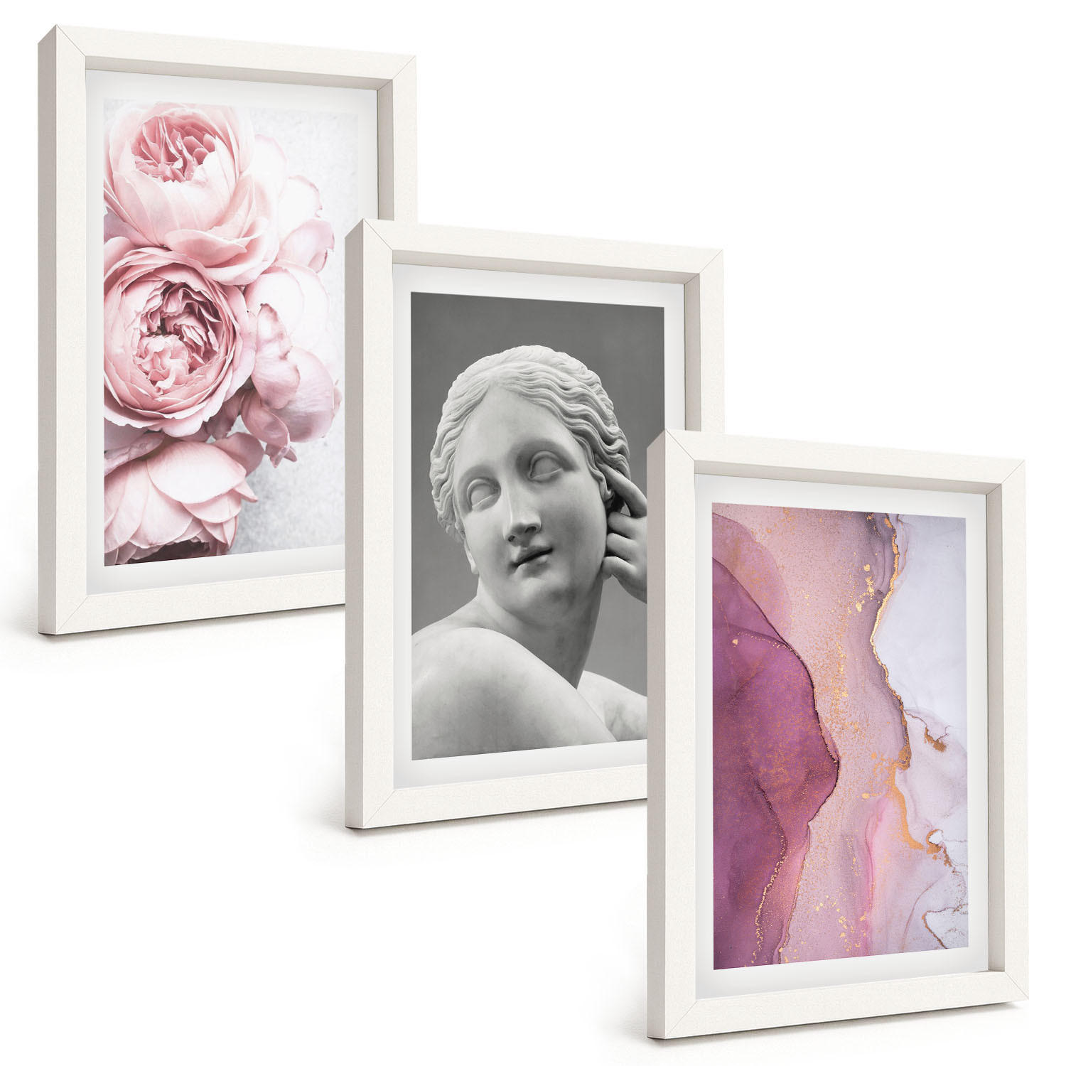 BILDER SET 3er Set - 20x30 cm Weißer Rahmen - Pfingstrosen abstrakte Frauenskulptur - Weiß, Kunststoff (20/30cm) - TULUP