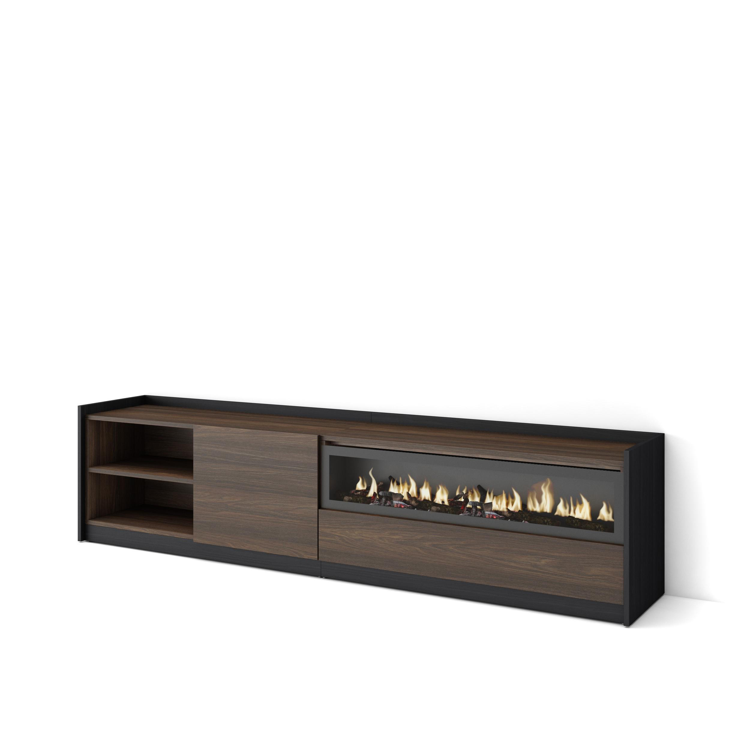 TV-SCHRANK, Dunkler Eiche und Schwarz, Elektrokamin, 207/37/50cm - Dunkelbraun, Holzwerkstoff (207/50/37cm) - Skraut Home