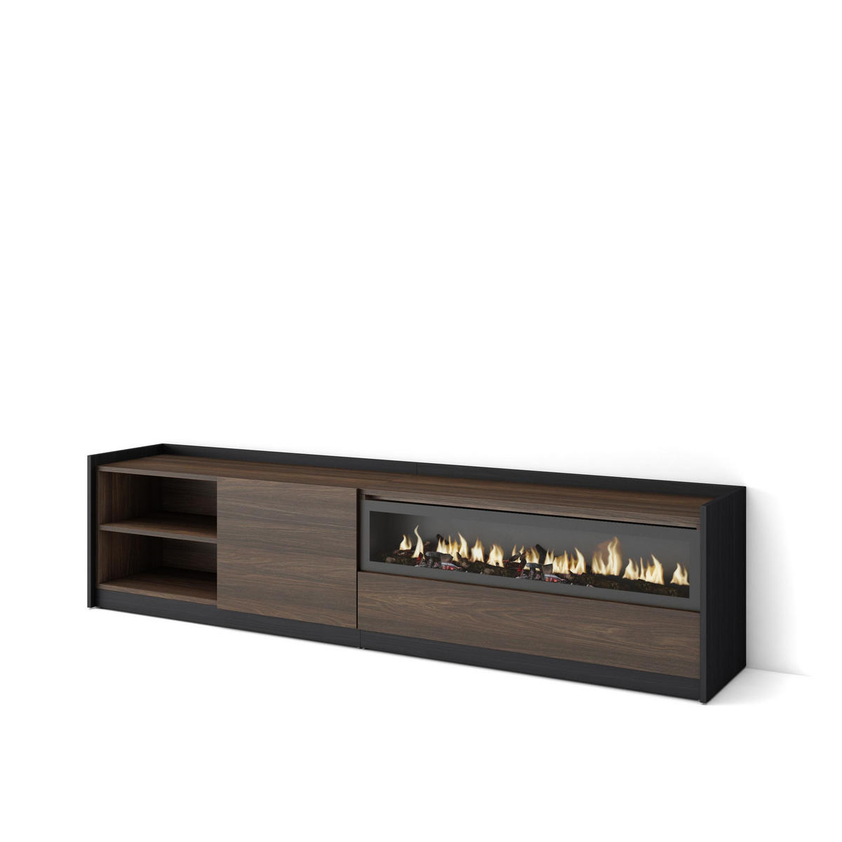 TV-SCHRANK, Dunkler Eiche und Schwarz, Elektrokamin, 207/37/50cm - Dunkelbraun, Holzwerkstoff (207/50/37cm) - Skraut Home