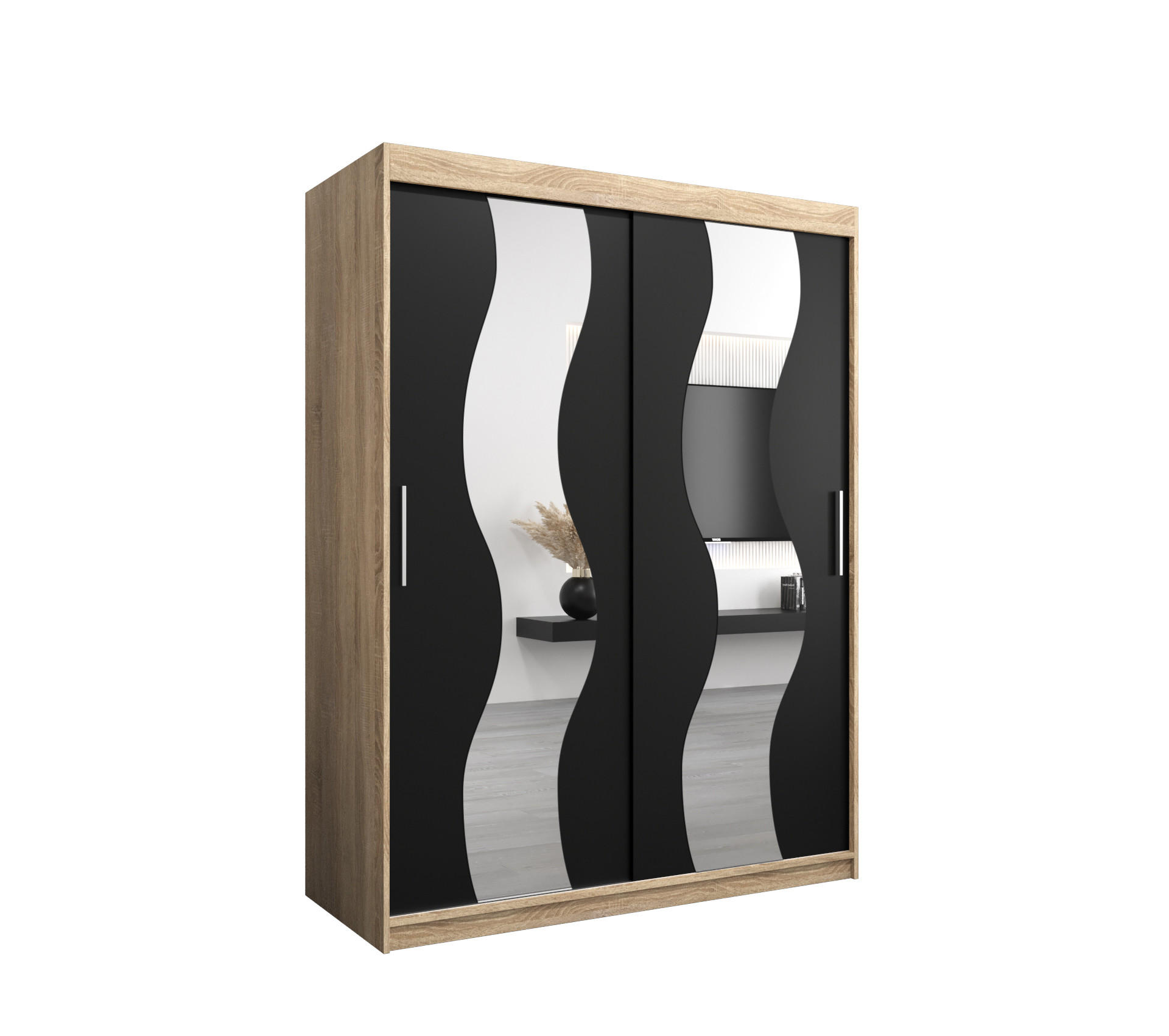 Abiks Möbel Schwebetürenschrank Sonoma Eiche, Schwarz 150x200x62 cm