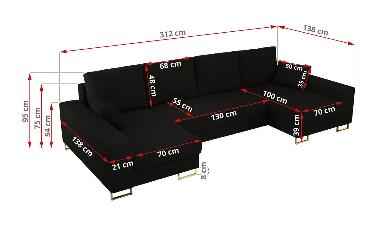 WOHNLANDSCHAFT DORIAN U Bouclé Schwarz - Goldfarben/Schwarz, Textil/Metall (312/95/138cm) - MKS