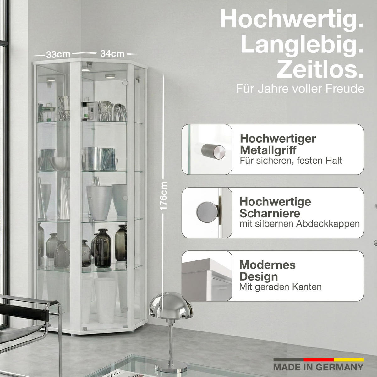 ECKVITRINE 56,5/56,5/176 cm mit Spiegel, LED & Schloss - Transparent/Silberfarben, Glas/Holzwerkstoff (56.5/176/56.5cm) - K-Möbel