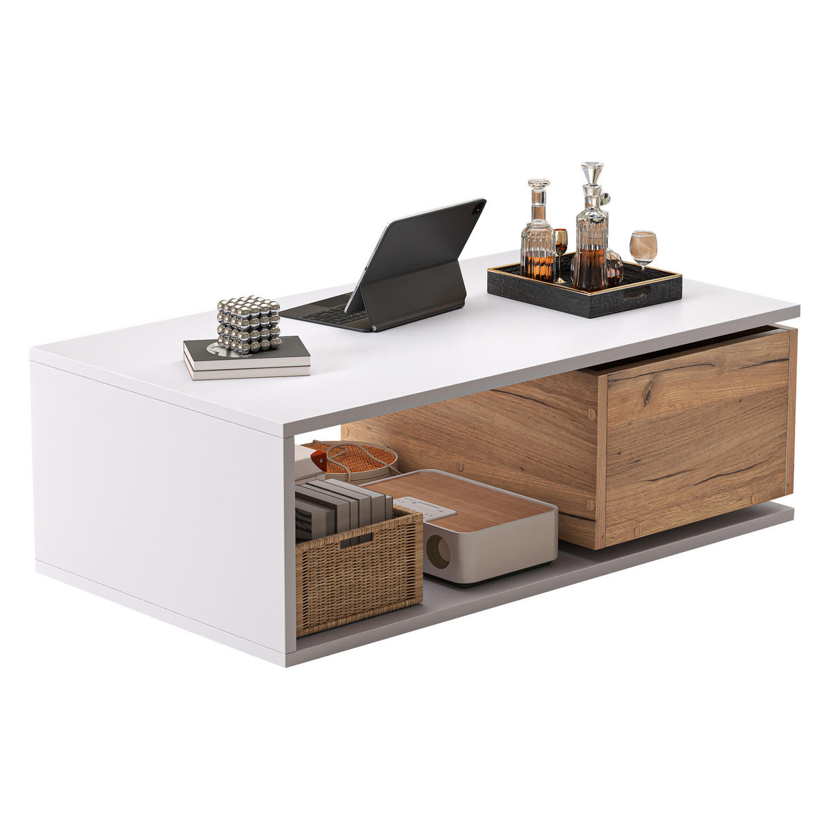 COUCHTISCH 90/50/30 cm Weiß mit 360° drehbarer Schublade und offenem Stauraum - Eichefarben, Holzwerkstoff (90/50/30cm) - OKWISH