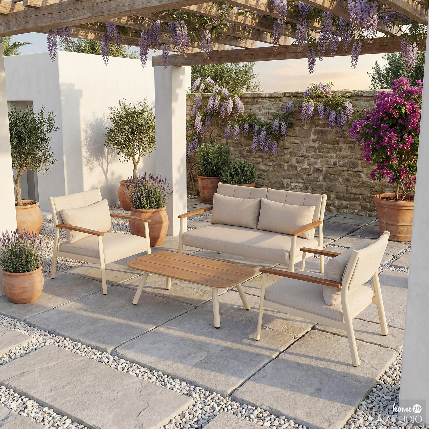 LOUNGESET - 4-teilig - Aluminium / Polyester - Beige - Beige, Holz/Textil (1/1/1cm) - home24