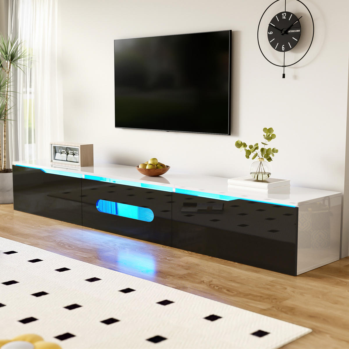 LOWBOARD in Schwarz und Weiß TV Schrank mit 16-Farben LED-Beleuchtung, wandmontierbar, B180/T35/H30cm - Schwarz/Weiß, Holzwerkstoff (180/30/35cm) - STILVORA