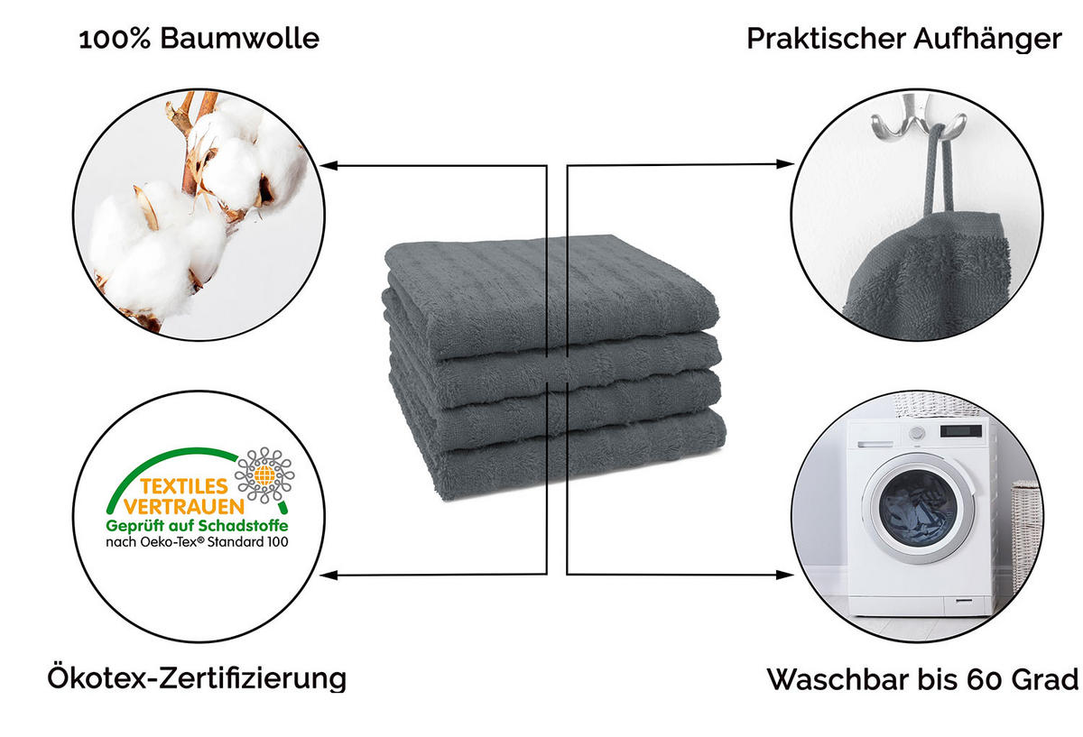 HANDTÜCHER, 4er-Set, 50x100 cm, 100% Baumwolle, Grau - Graphitfarben, Textil (50/100cm) - Zollner