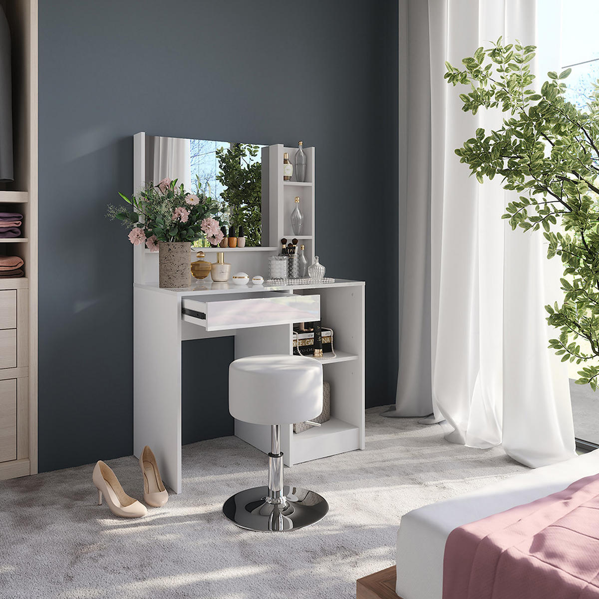 SCHMINKTISCH Sherry Weiß/Weiß Hochglanz 89.8 cm 4 Teile - Weiß Hochglanz, Holzwerkstoff (89.8/76/50.1cm) - Vicco