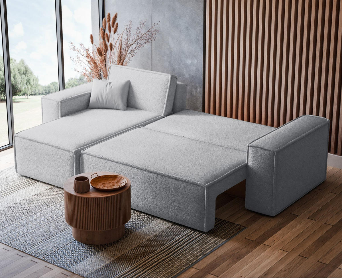 ECKSOFA Scarlo Hellgrau Bouclé-Bezug - Hellgrau/Schwarz, Kunststoff/Textil (244/145cm) - Selsey
