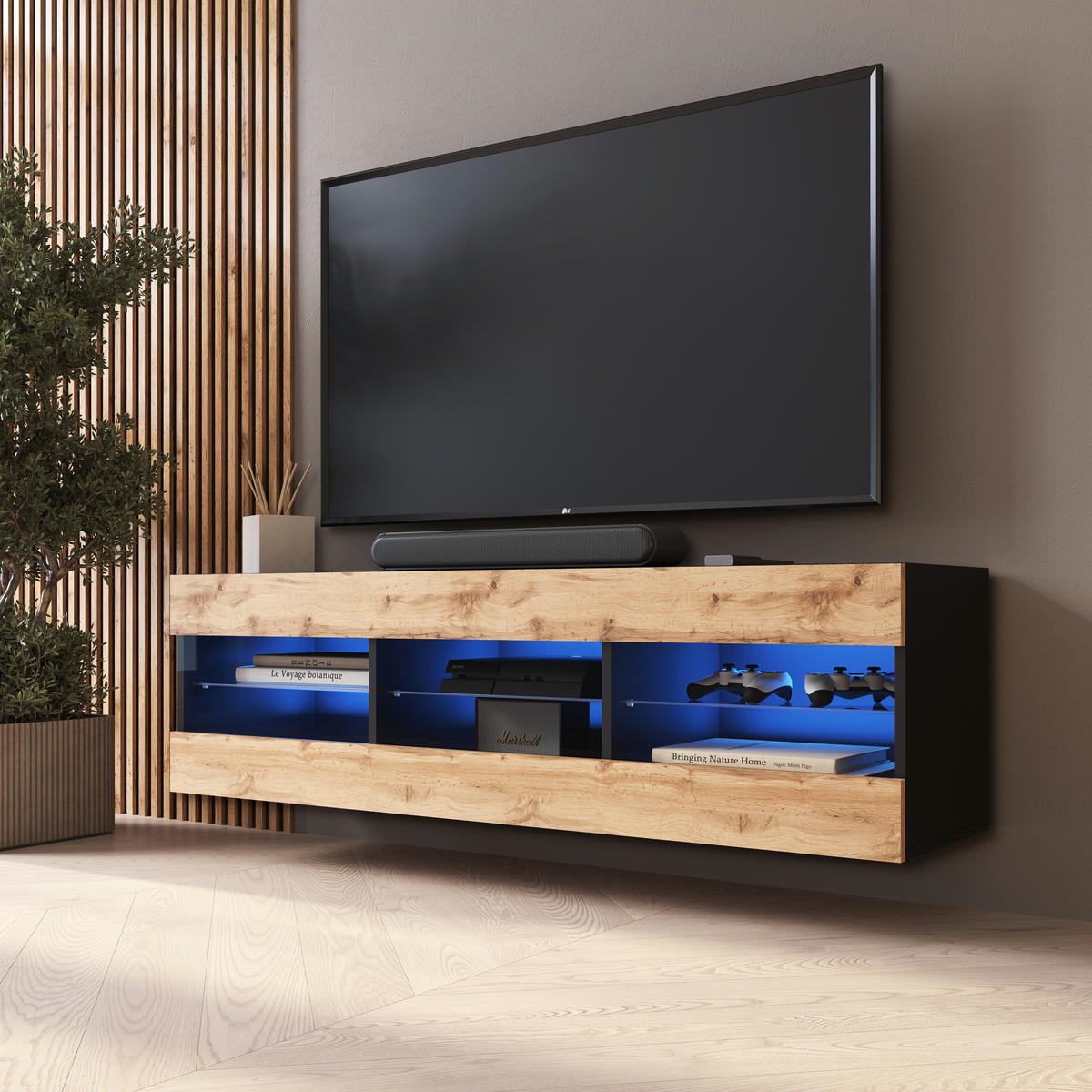 LOWBOARD TIVOLI RTV 140, Wotan, LED Blau - Eiche Wotan/Schwarz, Glas/Holzwerkstoff (140/40.5/35.5cm) - Komodee