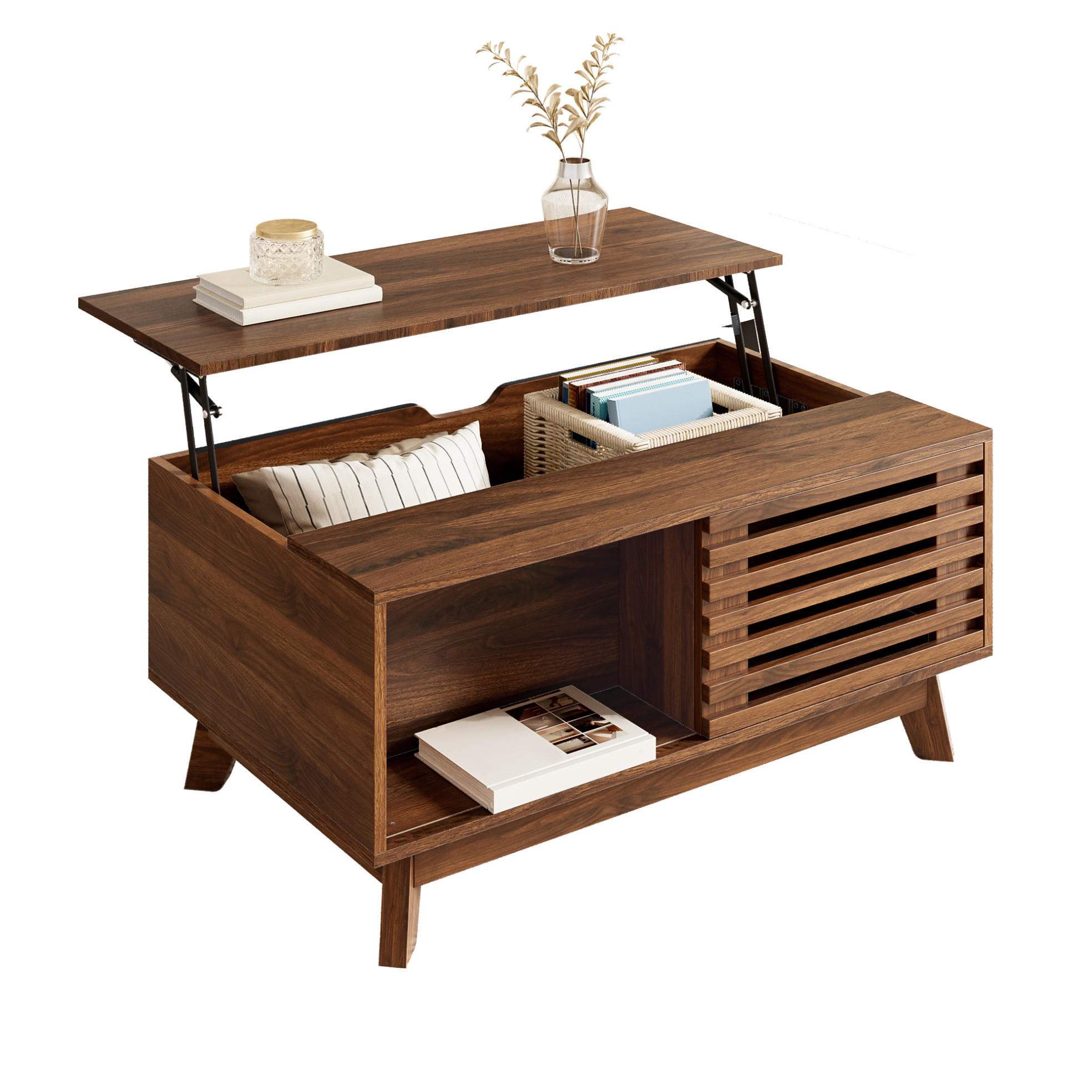 COUCHTISCH aus MDF 90x55x57,5 cm in Walnuss-Optik mit höhenverstellbarer Tischplatte und Stauraum - Nussbaumfarben, Holzwerkstoff (90/55/57.5cm) - IVMEU