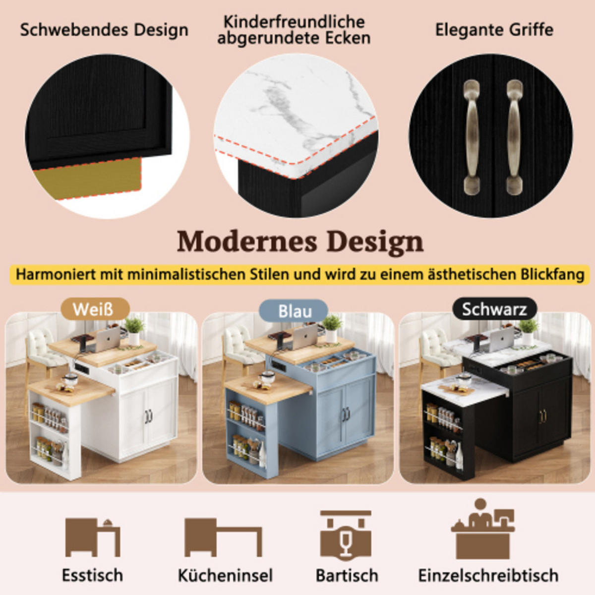 KÜCHENINSEL mit LED und Ladestation schwarz 125,5-187,5×71×93 cm aus MDF - Schwarz, Holzwerkstoff (187.5/93/71cm) - Luhomfu