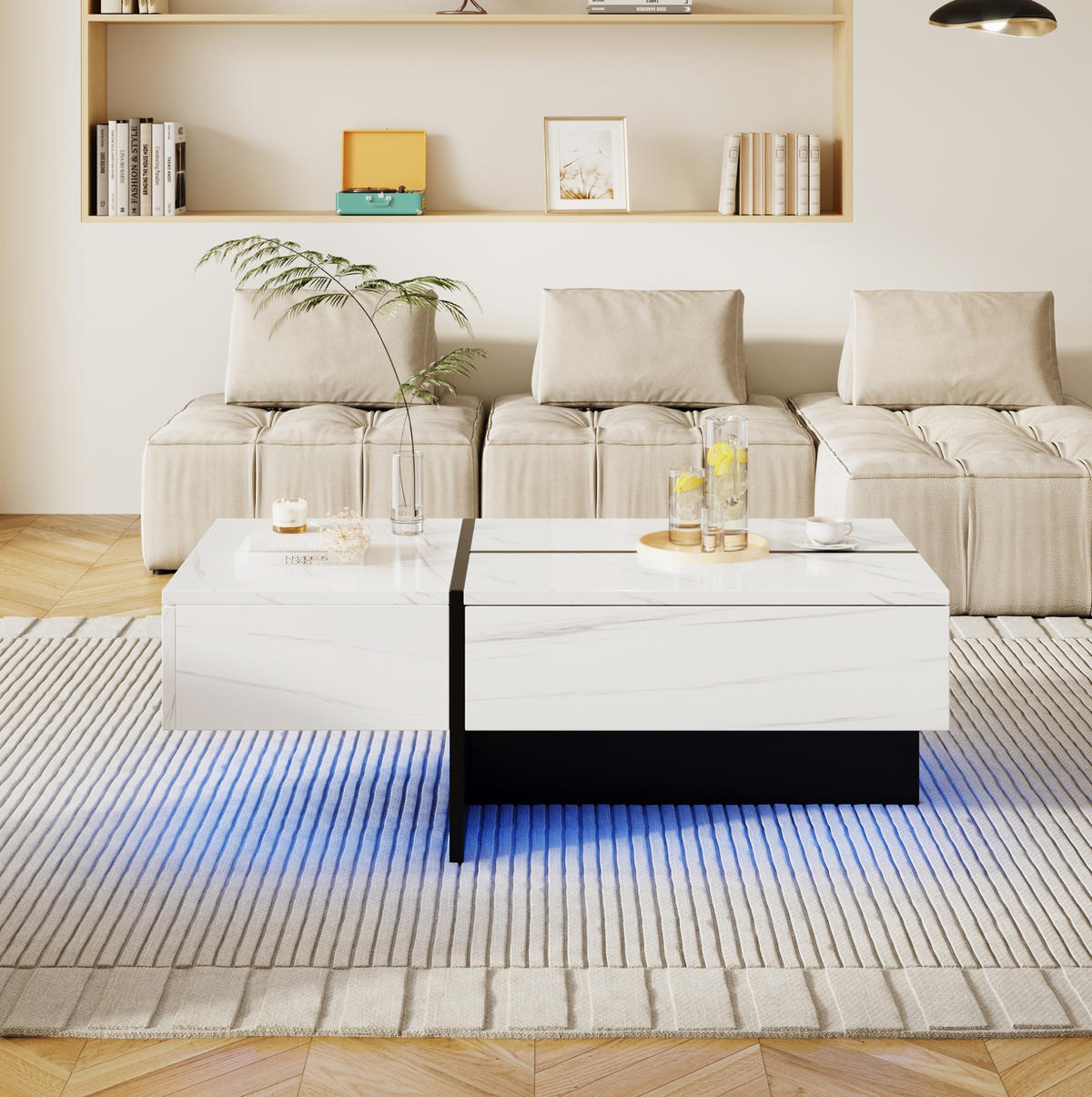 COUCHTISCH 100/50/34,5 cm in Weiß Hochglanz mit 3 Schubladen und LED-Beleuchtung - Weiß, Holzwerkstoff (100/50/34.5cm) - Flora Grace