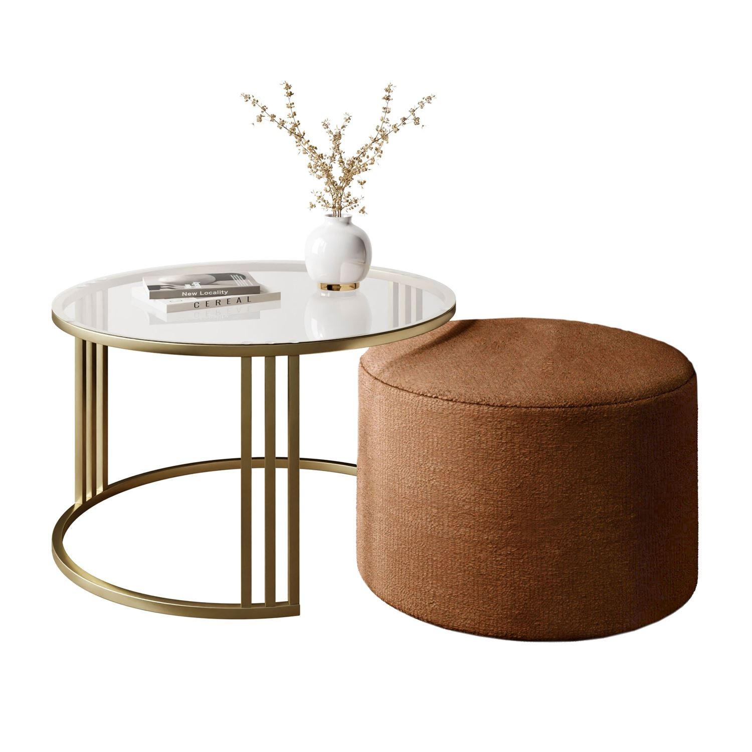 COUCHTISCH mit Hocker LORI GLASS gebürstetes Gold/transparentes Glas/Perfect Harmony 52 - Transparent, Metall (70/70/49cm) - Lookway