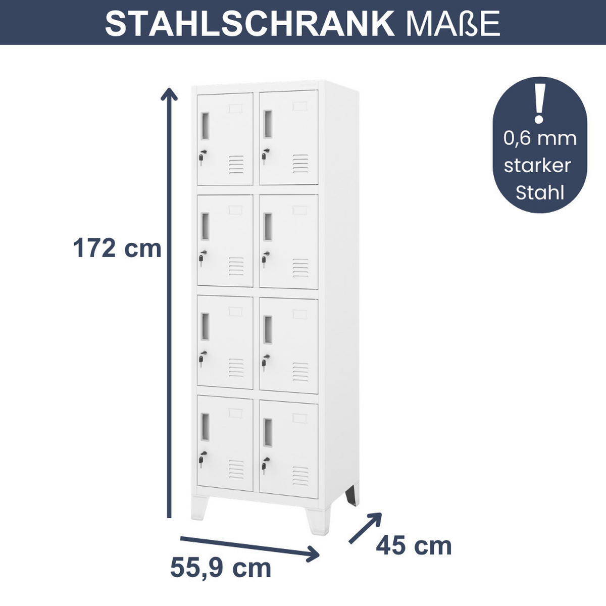 SCHLIESSFACHSCHRANK Spind TAMPA 8 Fächer 172x55,9x45cm Weiß - Weiß, Metall (55.9/172/45cm) - DELUKE