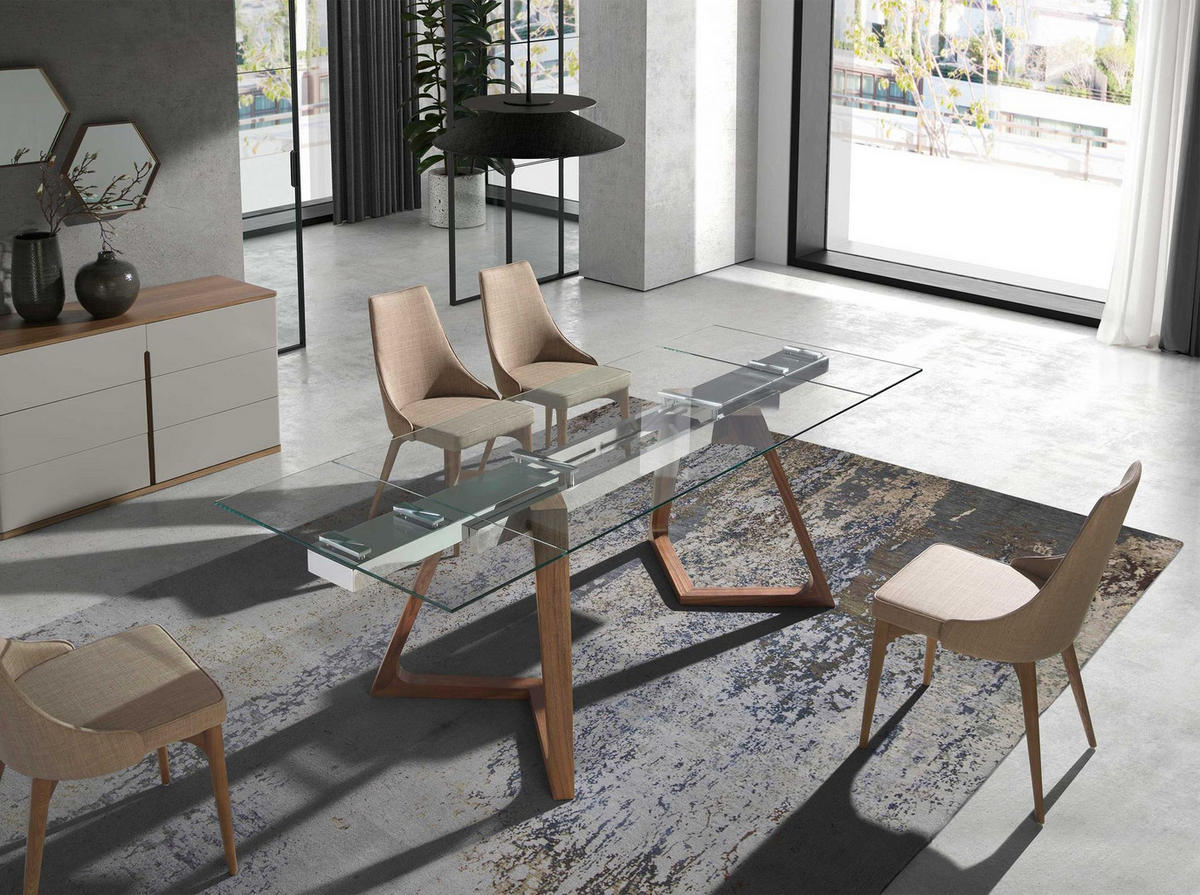 ESSTISCH Ausziehbarer Esstisch Rechteckig gehärtetes Glas aus Walnuss 160/90/75 cm - Transparent/Walnussfarben, Glas (90/160/75cm) - ANGEL CERDA