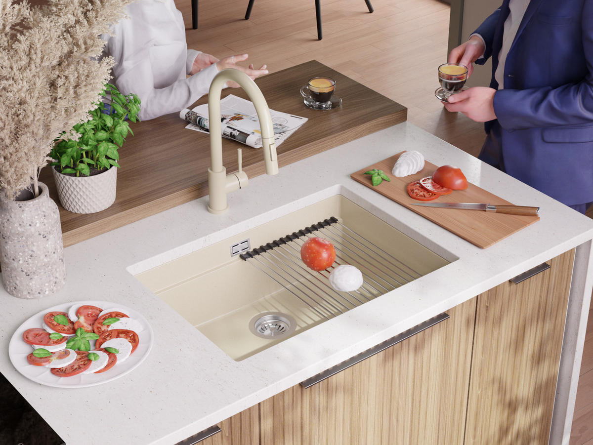 UNTERBAUSPÜLE GRANIT Praga, 2-er set Beige 66/47 cm 1 Becken + Ablauf-Set + Aufrollbare Abtropffläche ab 70er Unterschrank - Chromfarben/Beige, Kunststoff (66/20/47cm) - Primagran