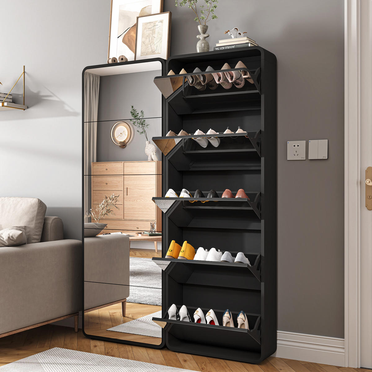 SCHUHSCHRANK aus MDF 63x19.6x176.5cm in Schwarz mit Spiegel - Schwarz, Holzwerkstoff (63/176.5/19.6cm) - Modfu