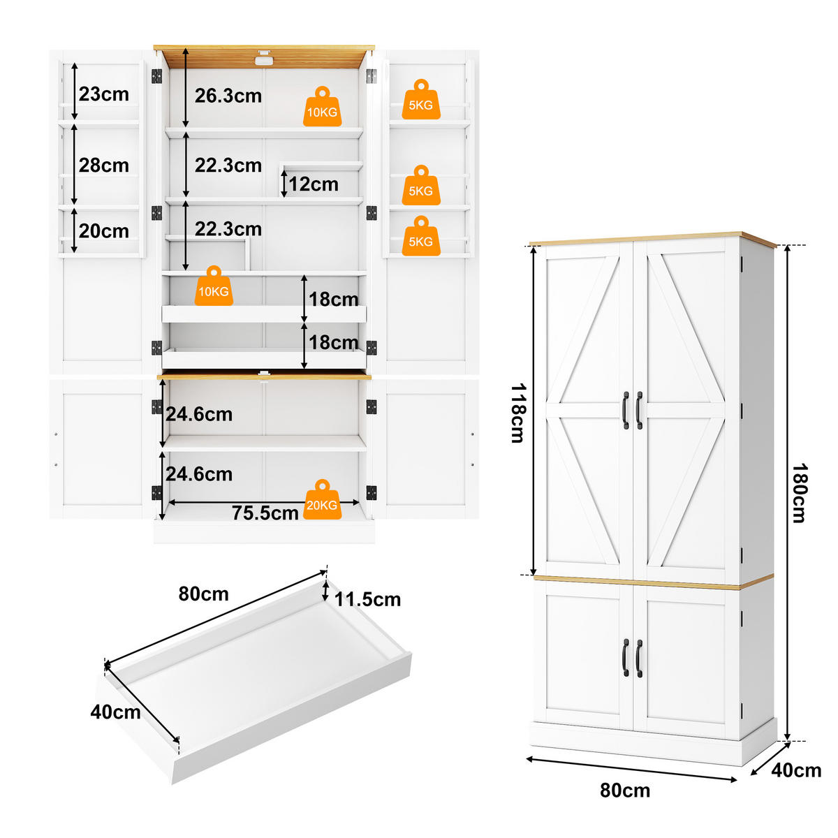 GESCHIRRSCHRANK 181 cm MDF Weiß mit Bewegungssensor LED und Schubladen - Weiß, Holzwerkstoff (80.01/181.1/39.62cm) - Korfee