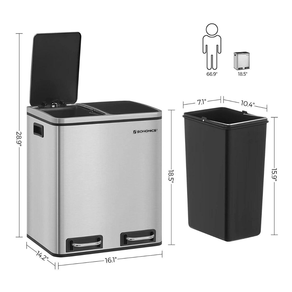 TRETEIMER mit 2 Behältern à 15L - Silberfarben, Kunststoff (36/47/41cm) - Calicosy