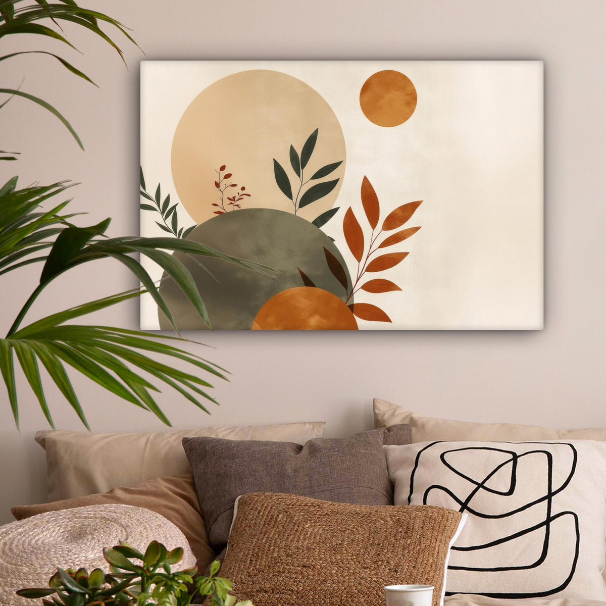 LEINWANDBILD Formen - Rund - Blätter - Beige Gemälde 60x40 cm - Rostfarben, Textil (60/40cm) - MuchoWow