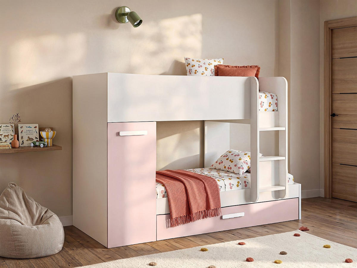 ETAGENBETT - 2 Personen - Holz, Platte - Puderrosa, Weiß - Pink/Weiß, Holz (90/190cm) - Vente-Unique