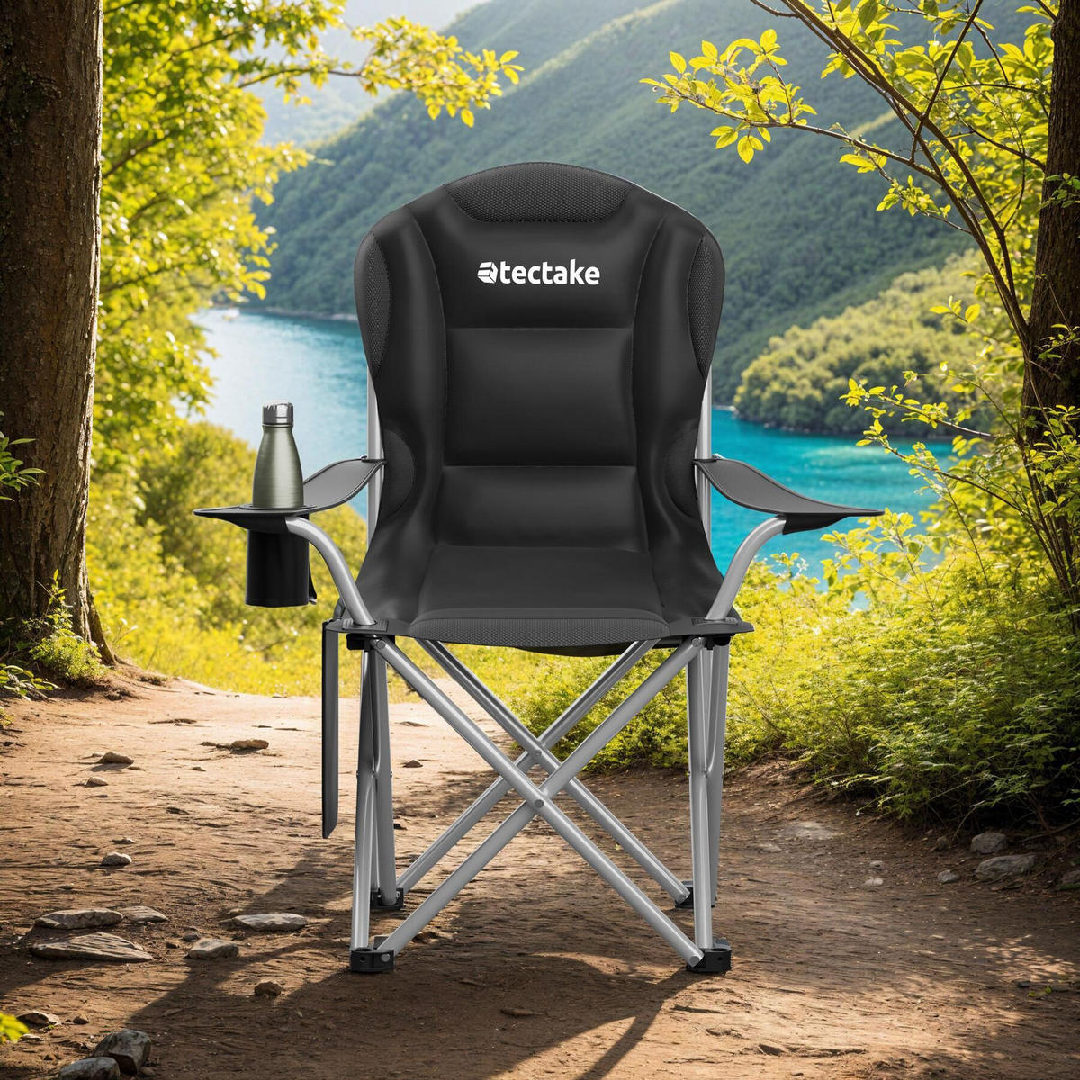 CAMPINGSTUHL gepolstert Mtx,88,5 x 55 x 103 cm, Belastbarkeit 120 kg,schwarz - Schwarz, Textil (88.5/103/55cm) - tectake