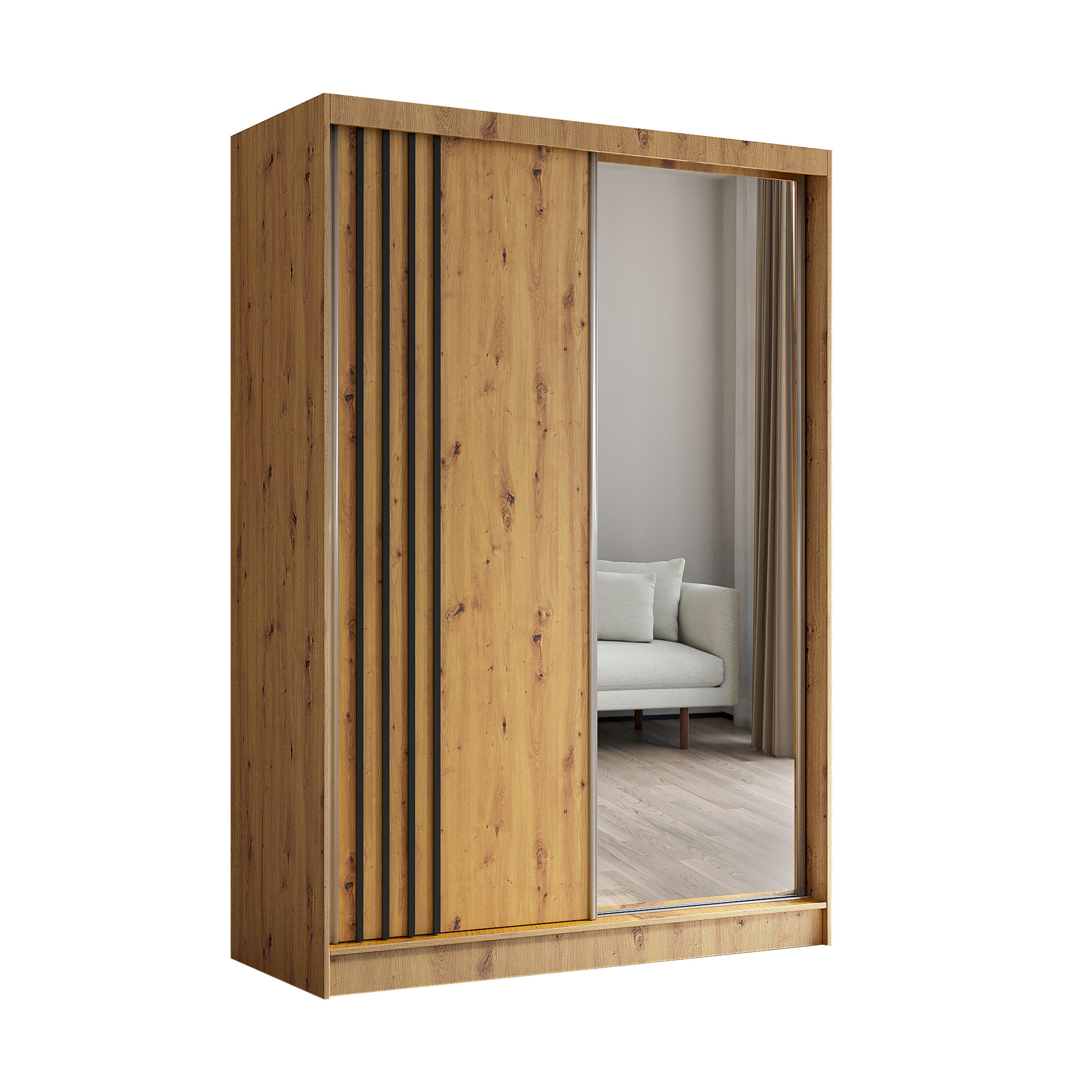 KLEIDERSCHRANK mit Spiegel-Schiebetüren und Aluminium-Leisten - NALLA - 150 cm Artisan+Artisan+Schwarz - Schwarz/Eiche Artisan, Holzwerkstoff (150/216/61cm) - ALTDECOR