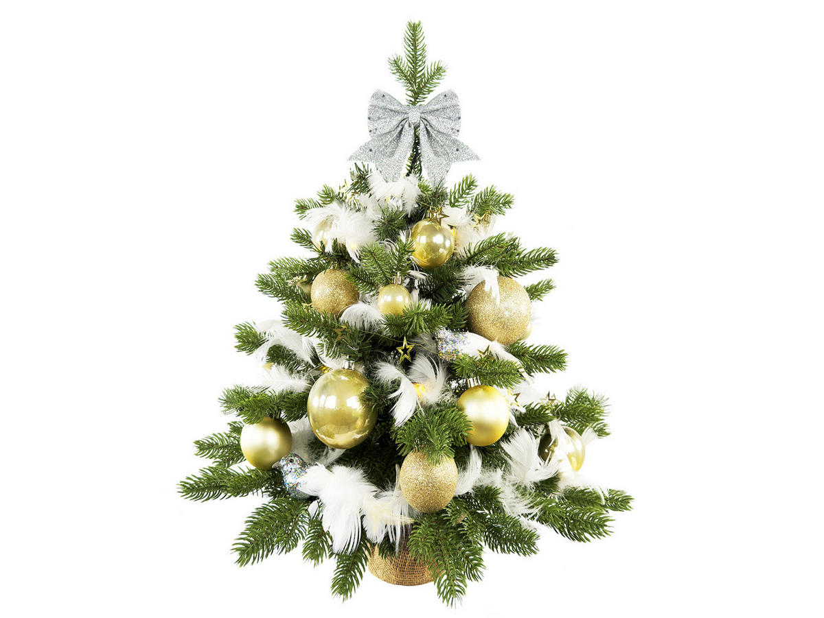 WEIHNACHTSBAUM künstlicher 60 cm mit LED-Beleuchtung, GOLDWEIHNACHTEN II, mit 34 Weihnachtsbaumschmuck, Pflanztopf mit Jutesack - Champagner/Silberfarben, Kunststoff/Stein (40/60cm) - LAALU