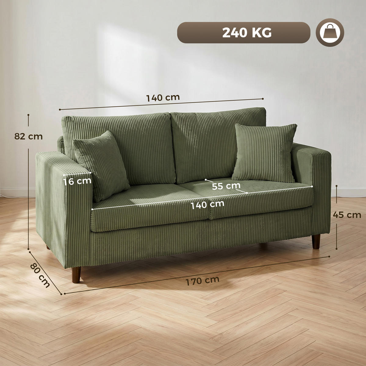 2-SITZER-SOFA Cord 100 Polyester Kautschukholz Grün - Naturfarben/Grün, Holz/Textil (80/82/170cm) - HOMCOM