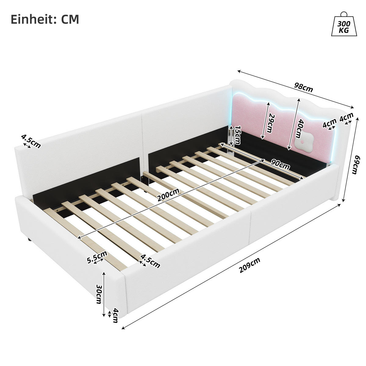 DNEVNI krevet 90/200 cm bijeli od baršuna i MDF-a s LED rasvjetom - bijela, tekstil (90/200cm) - OKWISH