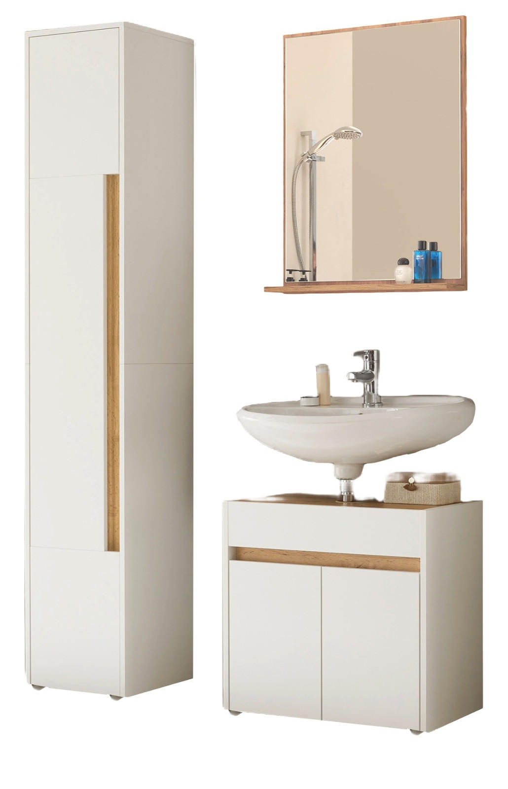 BADMÖBEL-SET 3-teilig weiß, Wotan Eiche, Badkombination 114 cm - Silberfarben/Eiche Wotan, Glas/Holz (116/200/34cm) - Furn.Design