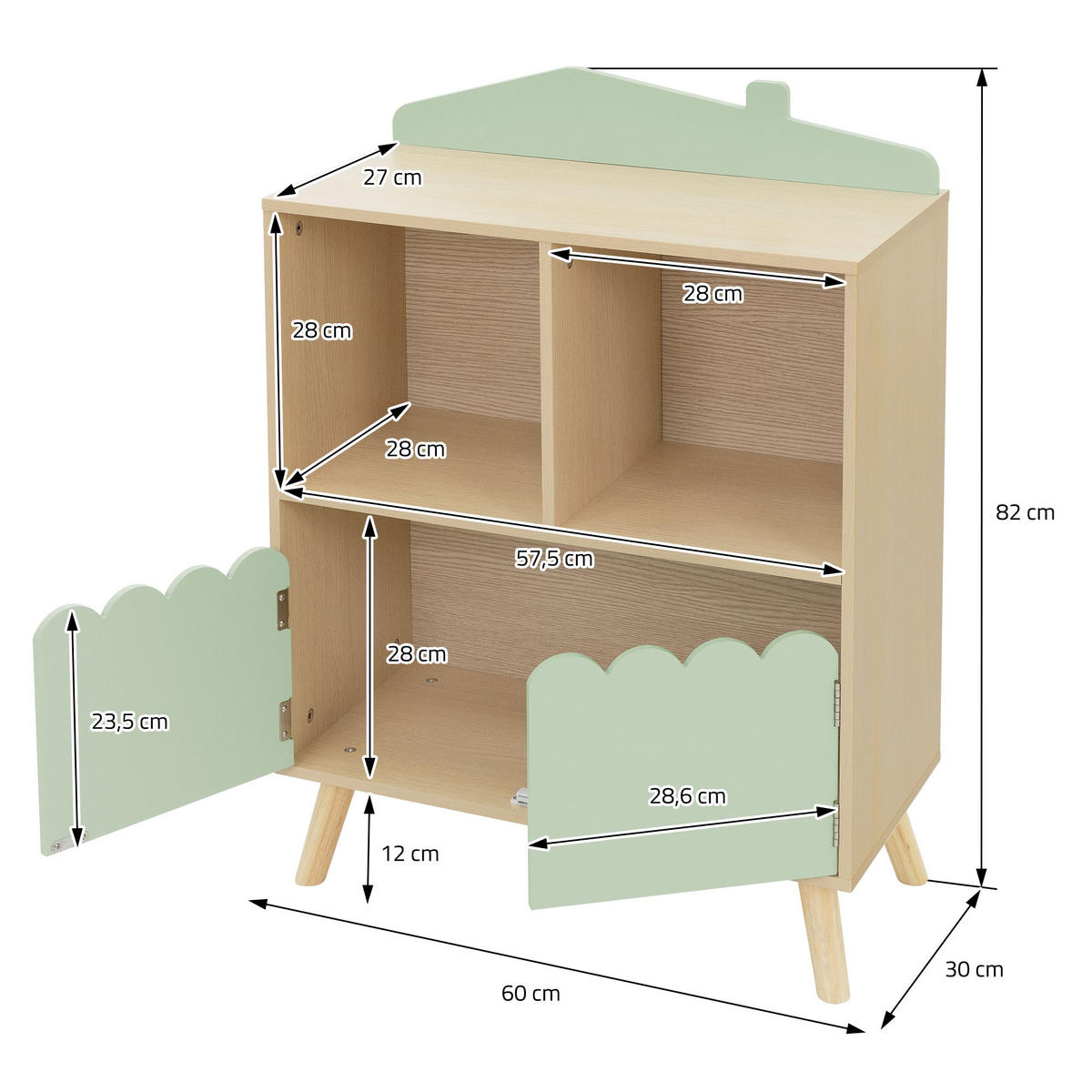 KINDERREGAL Haus-Design, Grün/Natur - Naturfarben, Holz (60/82/30cm) - Joyz