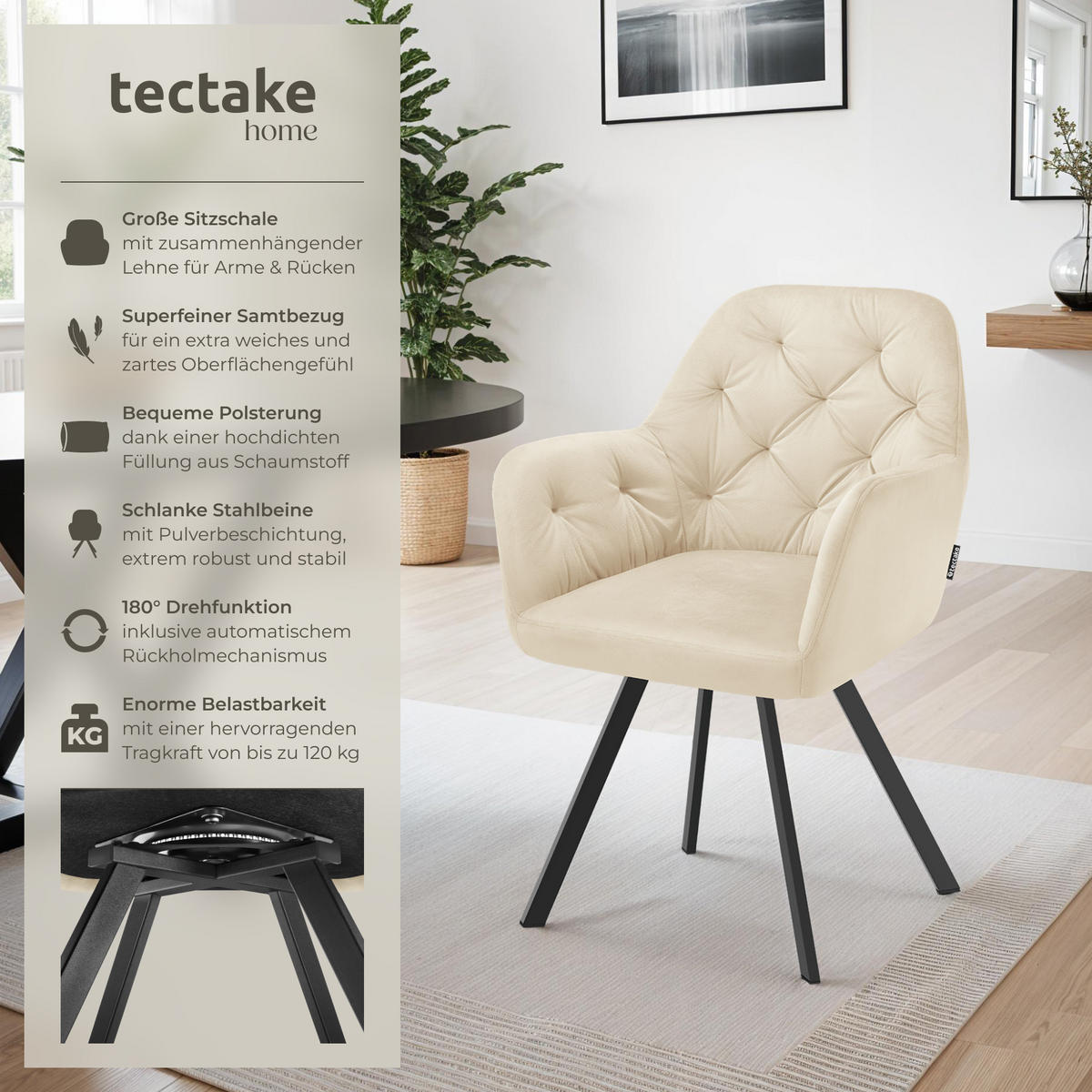 ARMLEHNSTUHL Samt Drehbarer Lucia 58 x 58 x 87 cm creme - Creme, Kunststoff (58/87/58cm) - tectake