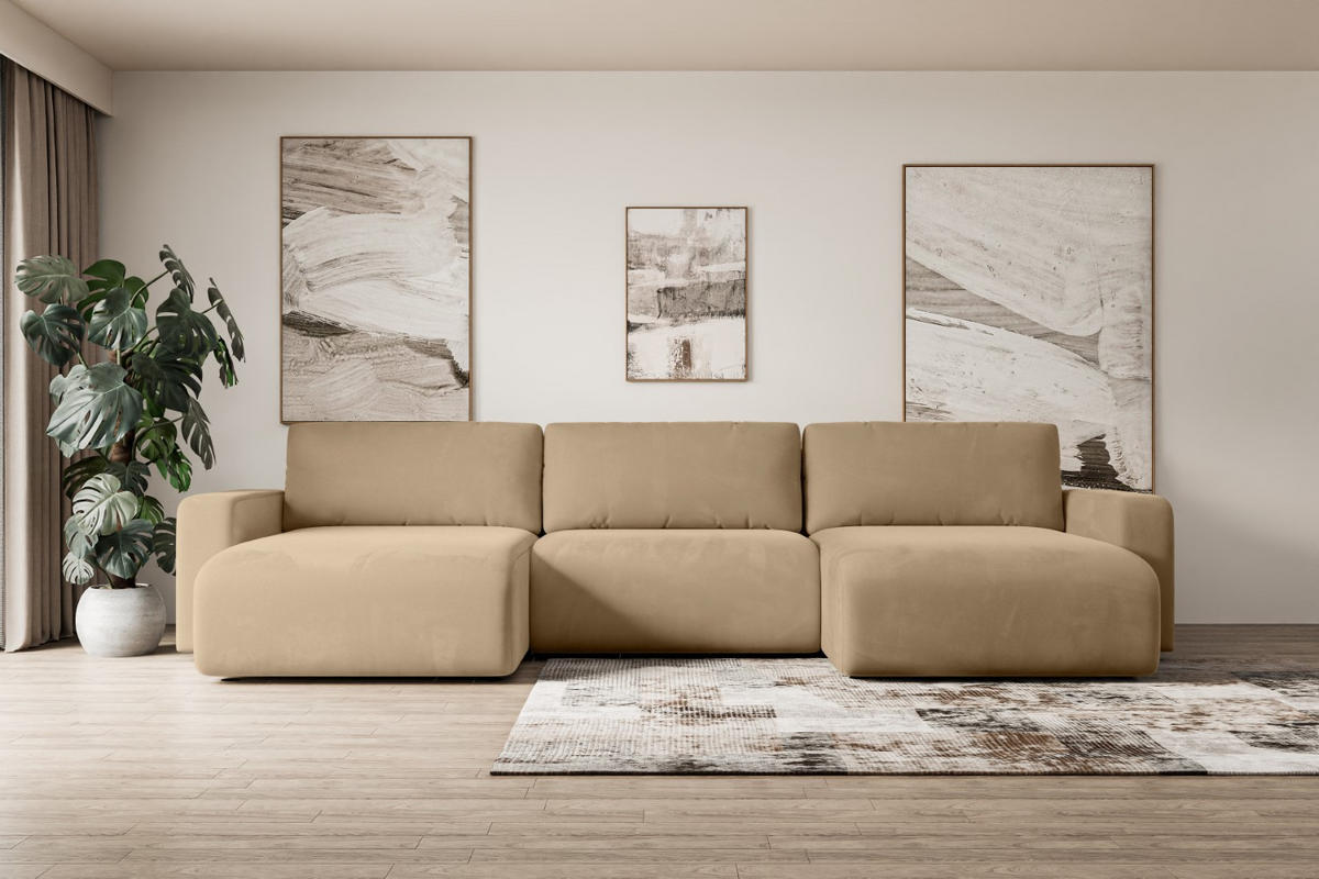 WOHNLANDSCHAFT mit Schlaffunktion und Bettkasten KLEEA-U - 347x143x83 cm Beige Velours - Beige/Schwarz, Holzwerkstoff/Kunststoff (347/83/143cm) - ALTDECOR