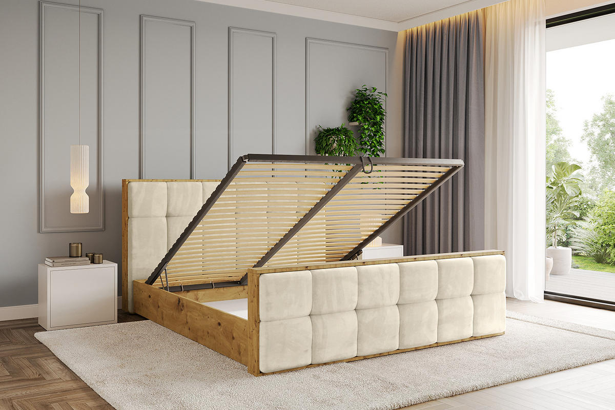 POLSTERBETT mit Bettkasten, Fußteil und Lattenrost, Boxbett ohne Matratze - ENZO7-Z 160x200 Beige - Ecru, Holzwerkstoff/Textil (160/200cm) - ALTDECOR