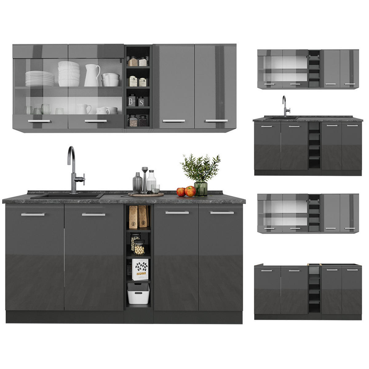 SINGLEKÜCHE R-Line Anthrazit Hochglanz/Anthrazit 160 cm ohne Arbeitsplatte - Anthrazit, Holzwerkstoff (160/81.6/46cm) - Vicco