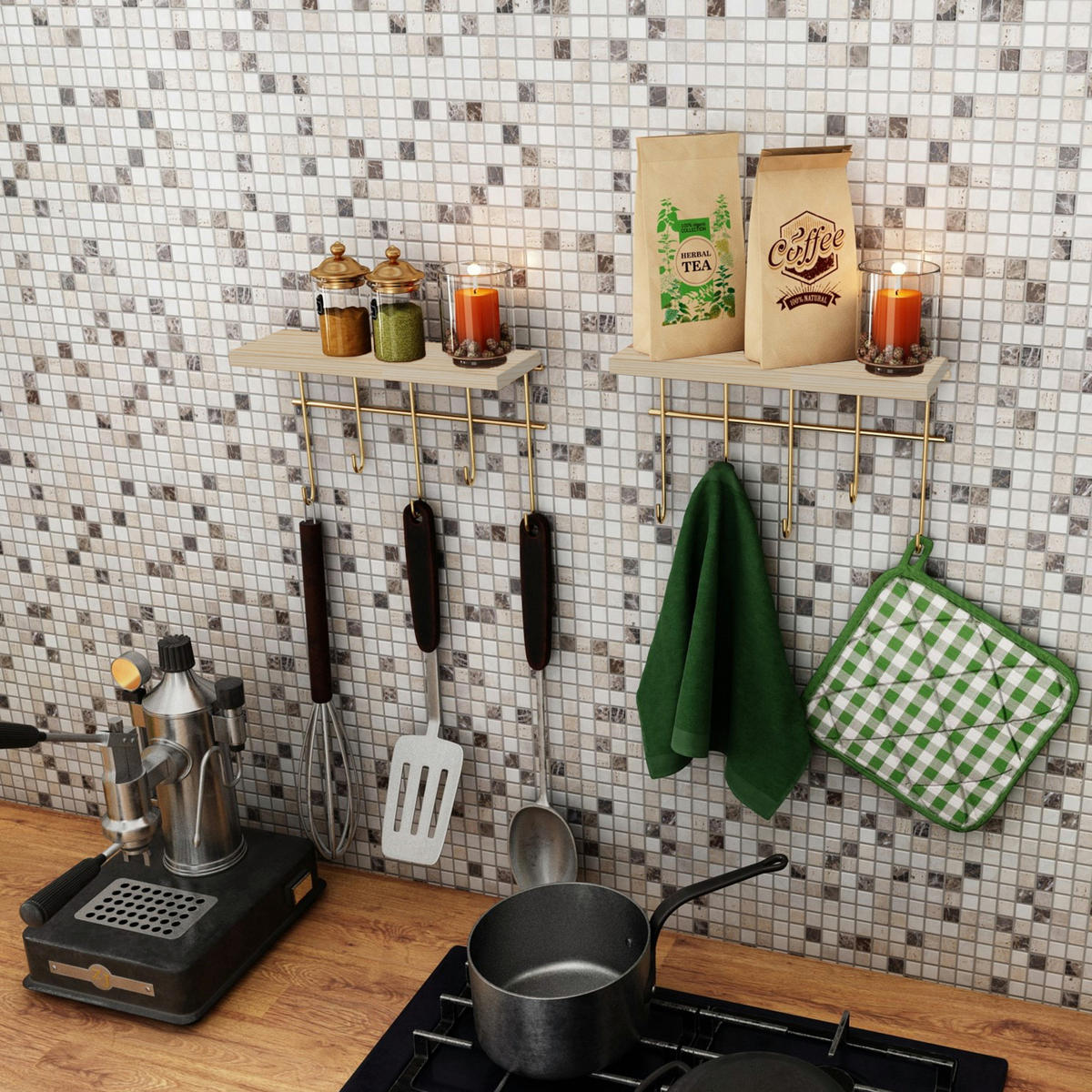 POLIČKA NA KLÍČE Parikkala - přírodní/zlatá, kov/dřevo (27/20/10cm) - [en.casa]