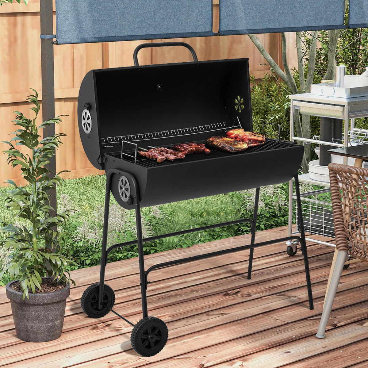 HOLZKOHLEGRILL mit Rollen aus Kohlenstoffstahl in Schwarz für draußen Carbonstahl groß mobil – ideal für Familienfeiern 79 x 68 x 90 cm 10,5 kg - Schwarz, Metall (68/90/79cm) - Livingandhome