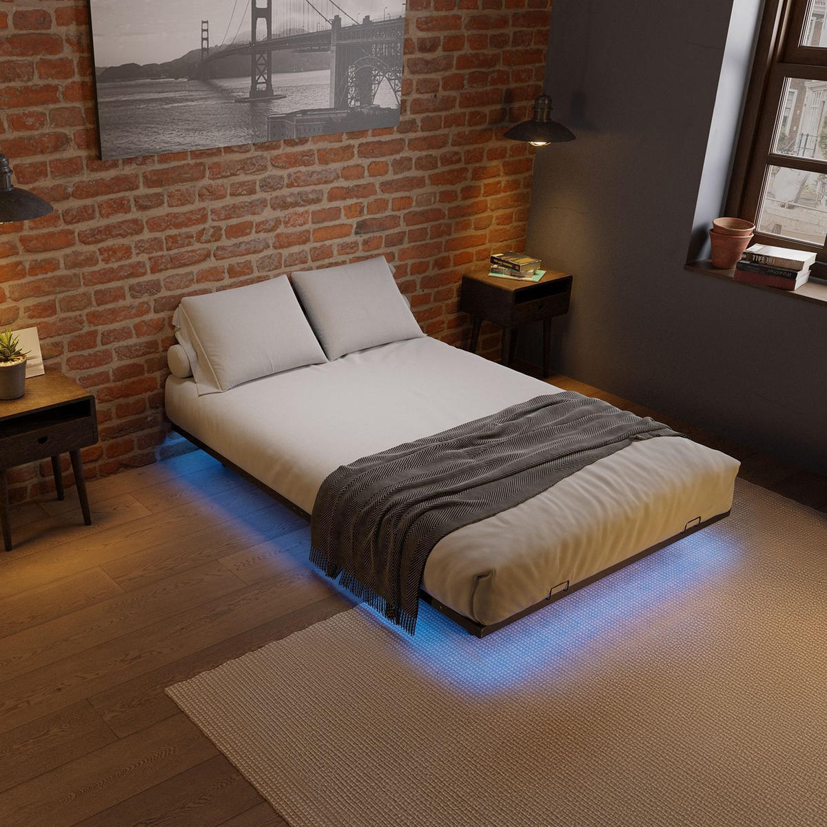 METALLBETT Palamos 140x200 cm mit LED und Matratze - Schwarz, Metall (140/200cm) - Juskys