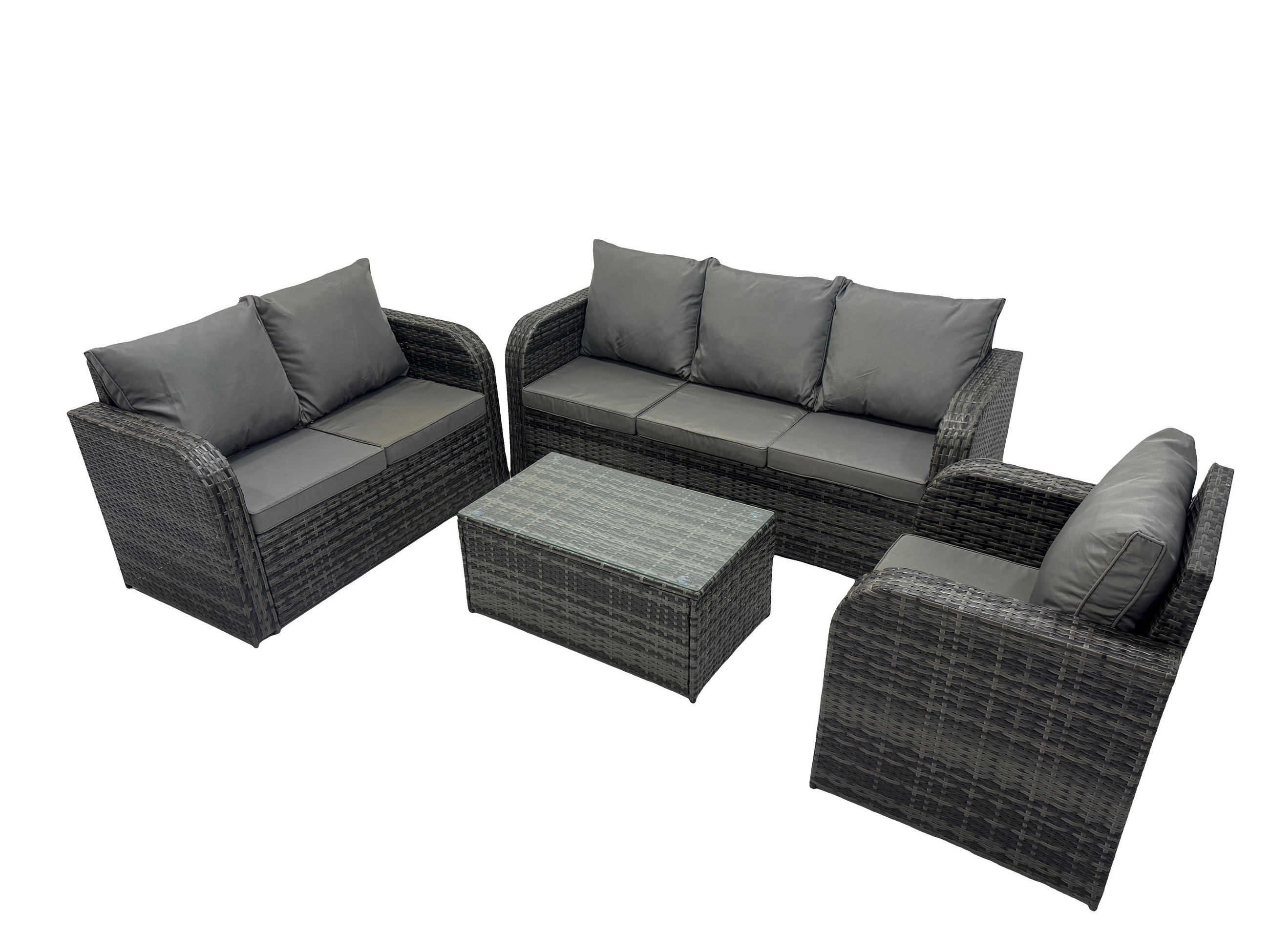GARTENSET Polyrattan Dunkelgrau 6-Sitzer - Dunkelgrau/Grau, Glas/Kunststoff - Fimous
