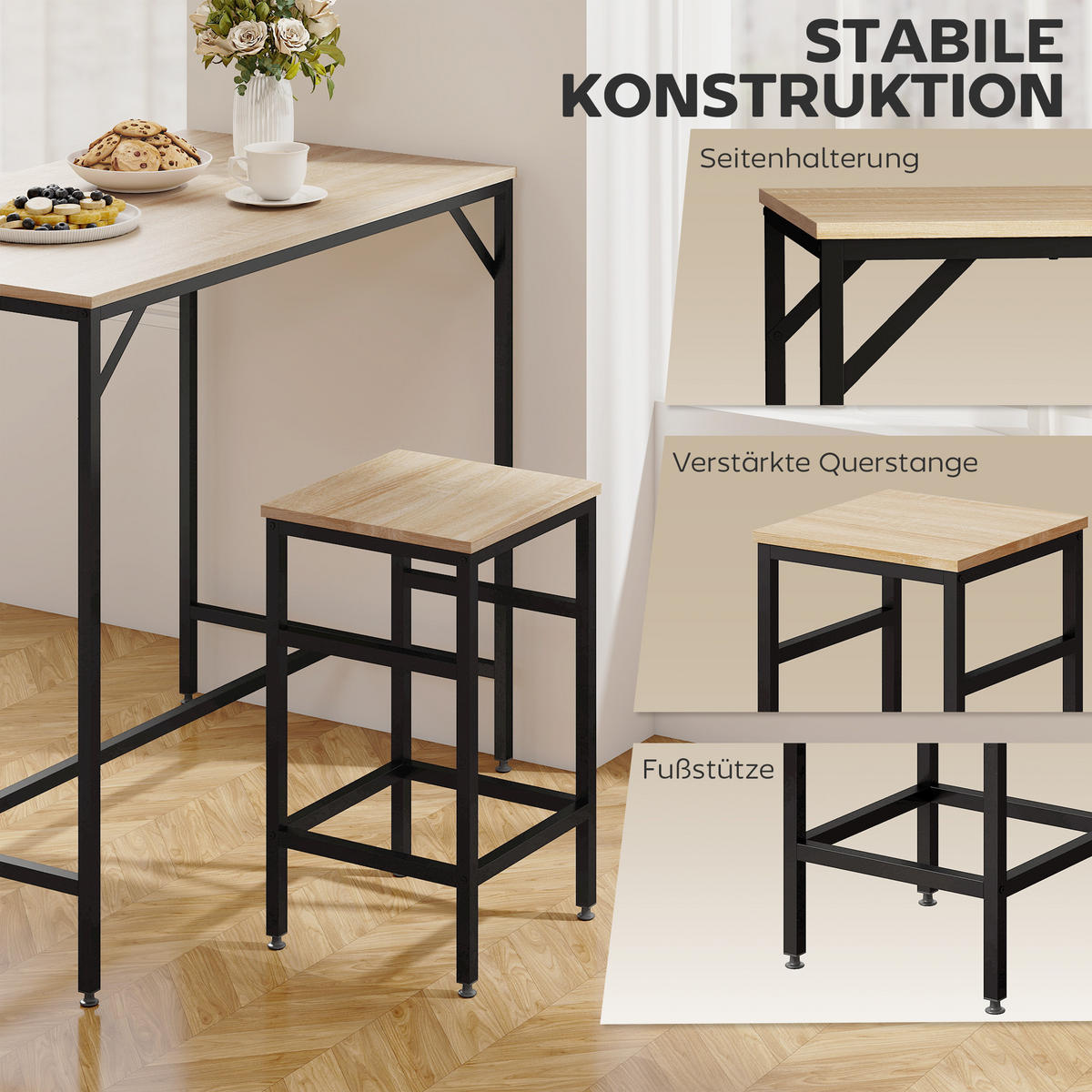 BARTISCH-SET Stehtisch mit 4 Barhockern 5-teiliges Tischset Stahl Eiche - Eichefarben, Kunststoff (60/88/100cm) - HOMCOM