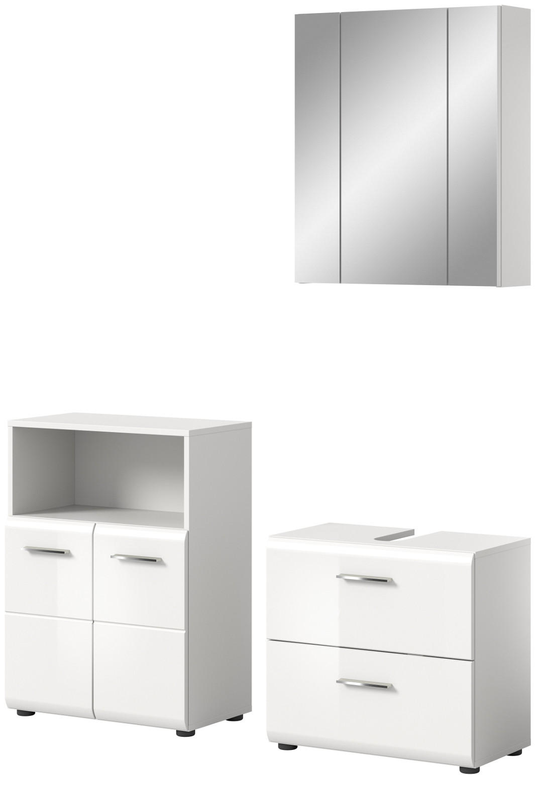 BADMÖBEL-SET weiß Hochglanz 3-teilig 135 cm, Badmöbel mit viel Stauraum - Weiß Hochglanz/Silberfarben, Glas/Holzwerkstoff (135/185/30cm) - Inn.Furn