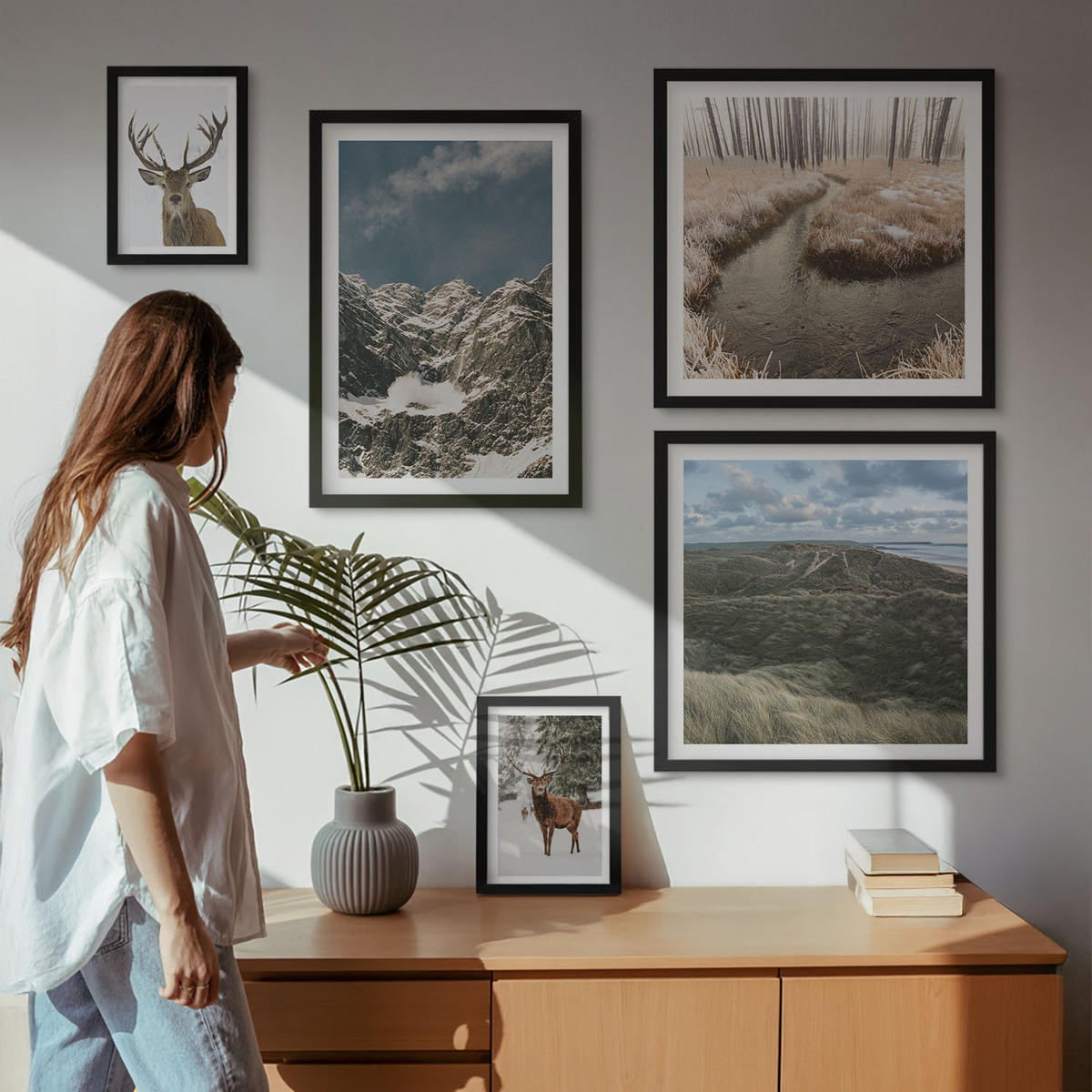 WANDBILDER 5er-Set - 50x50 cm & 20x30 cm & 40x60 cm Schwarzer Rahmen - Berge, Schnee, Hirsche, Waldlandschaft - Schwarz, Kunststoff (40/60cm) - ArtPrintCave