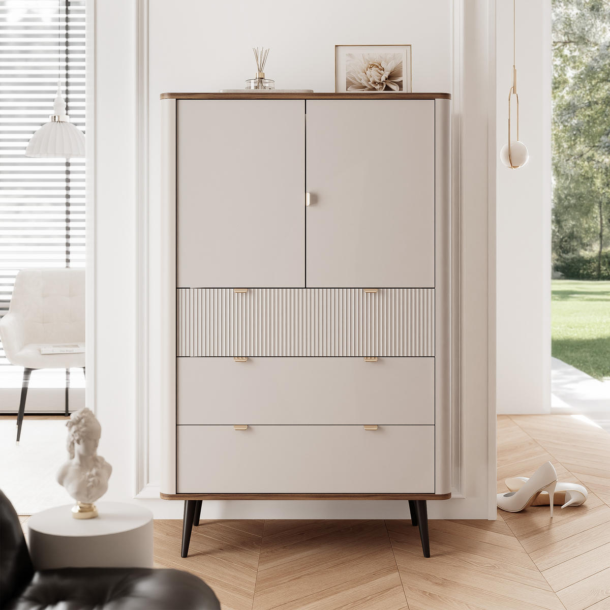 KLEIDERSCHRANK mit Schubladen NAVANI 90 cm Kaschmir Stein - Kaschmir/Schwarz, Holzwerkstoff/Metall (90/142/40cm) - Idohome