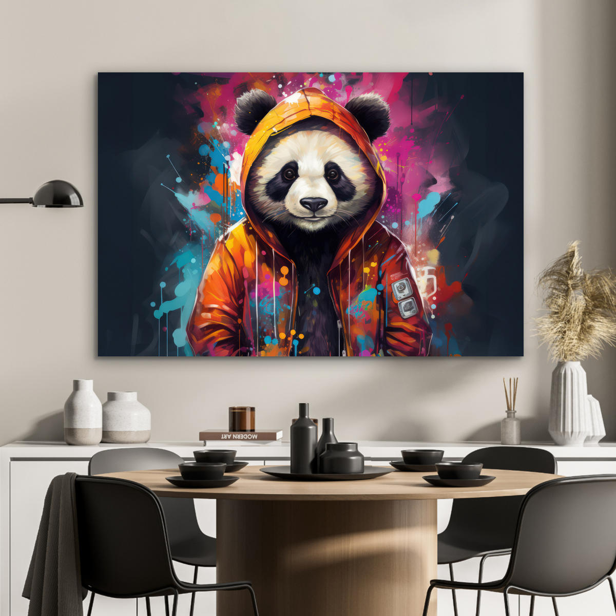 METALLBILD Panda - Jacke - Graffiti - Orange 120x80 cm - Orange, Metall (120/80cm) - MuchoWow