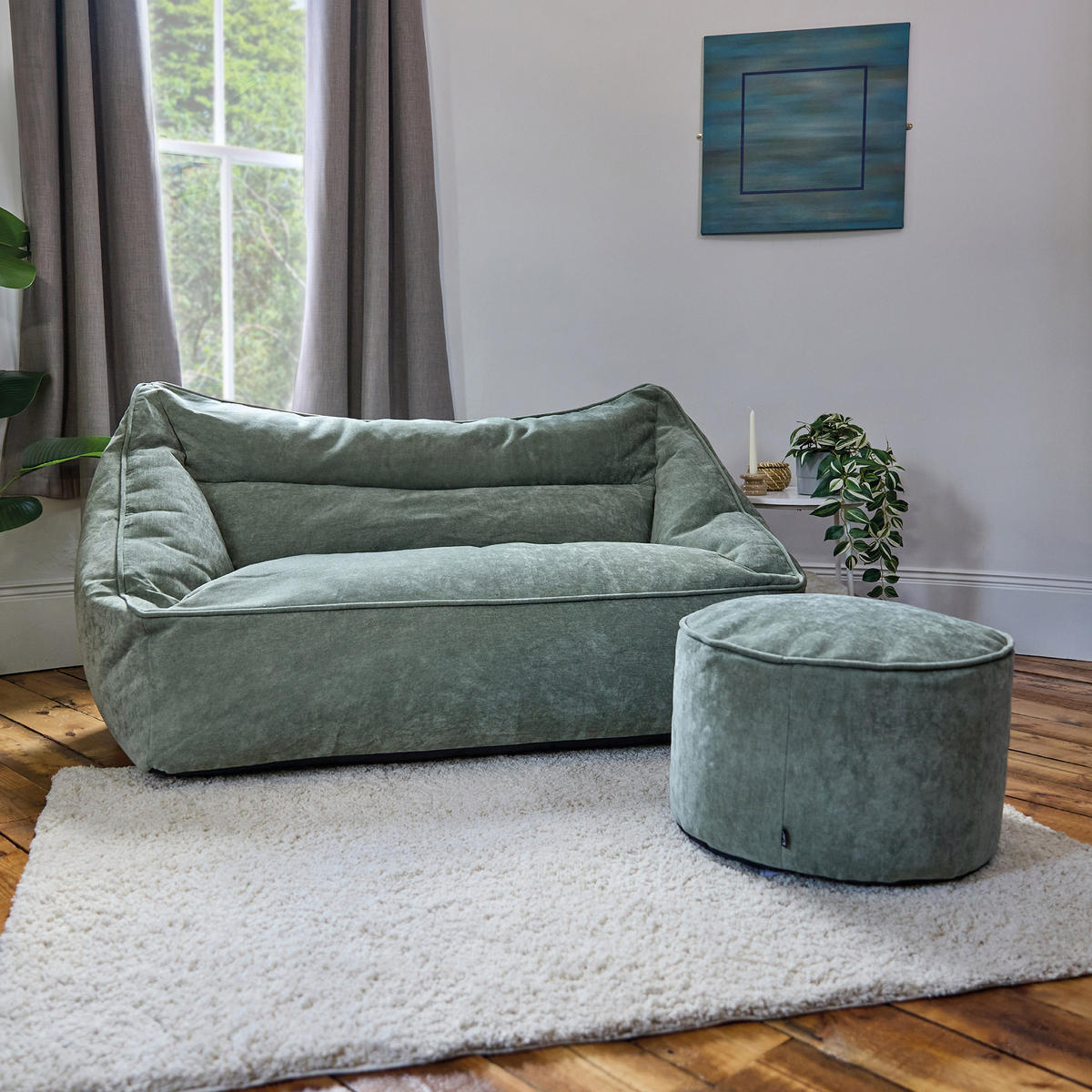 SITZSACK Chenille-Sofa icon Cecilia und Fußhocker-Sitzsack Milano im 2-teiligen Set, salbeigrün - Salbeigrün, Kunststoff/Textil (160/70/93cm) - icon