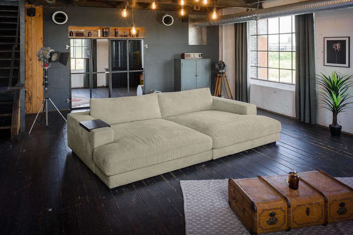BIG SOFA XL MIT TABLETT SCHWARZ MADELINE Steingrau Cord - Greige/Schwarz, Kunststoff/Textil (290/85/190cm) - KAWOLA