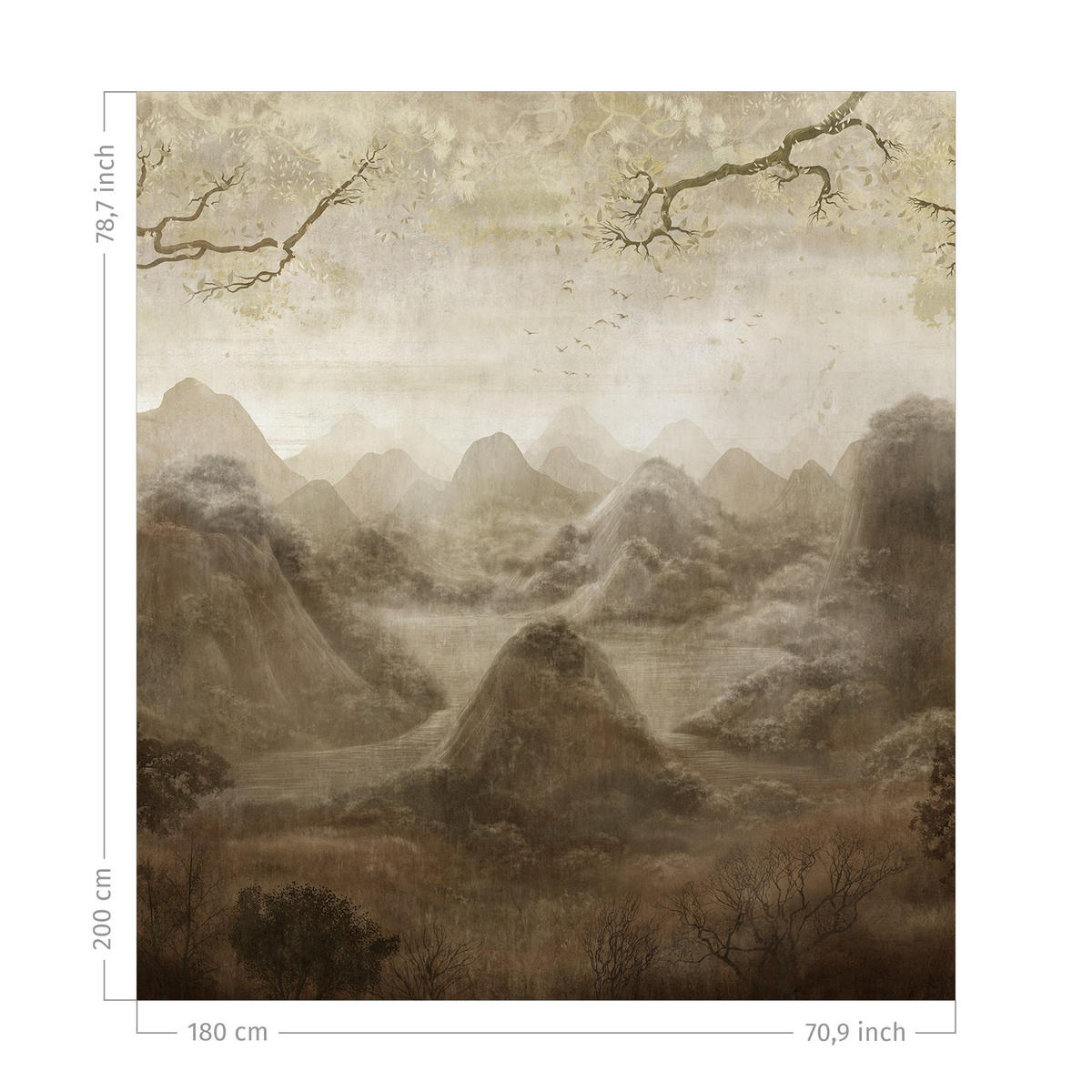 DUSCHVORHANG Blick durch Zweige auf die Berge braun 180/200 cm - Braun, Textil (180/200cm) - Bilderwelten