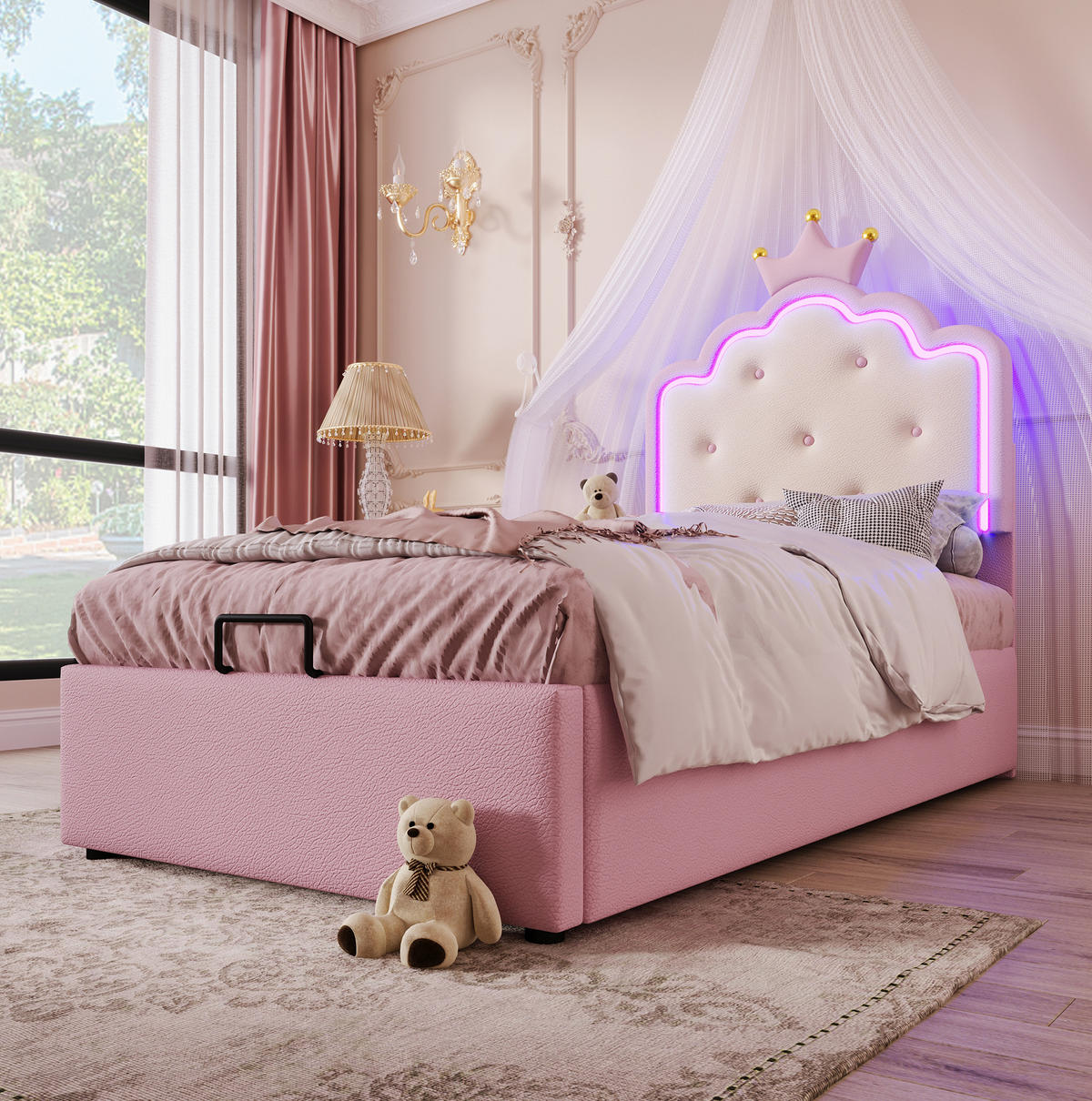 BETT mit Stauraum und Lattenrost 90x200 cm PU Pink - Pink, Metall (90/200cm) - Meubliv