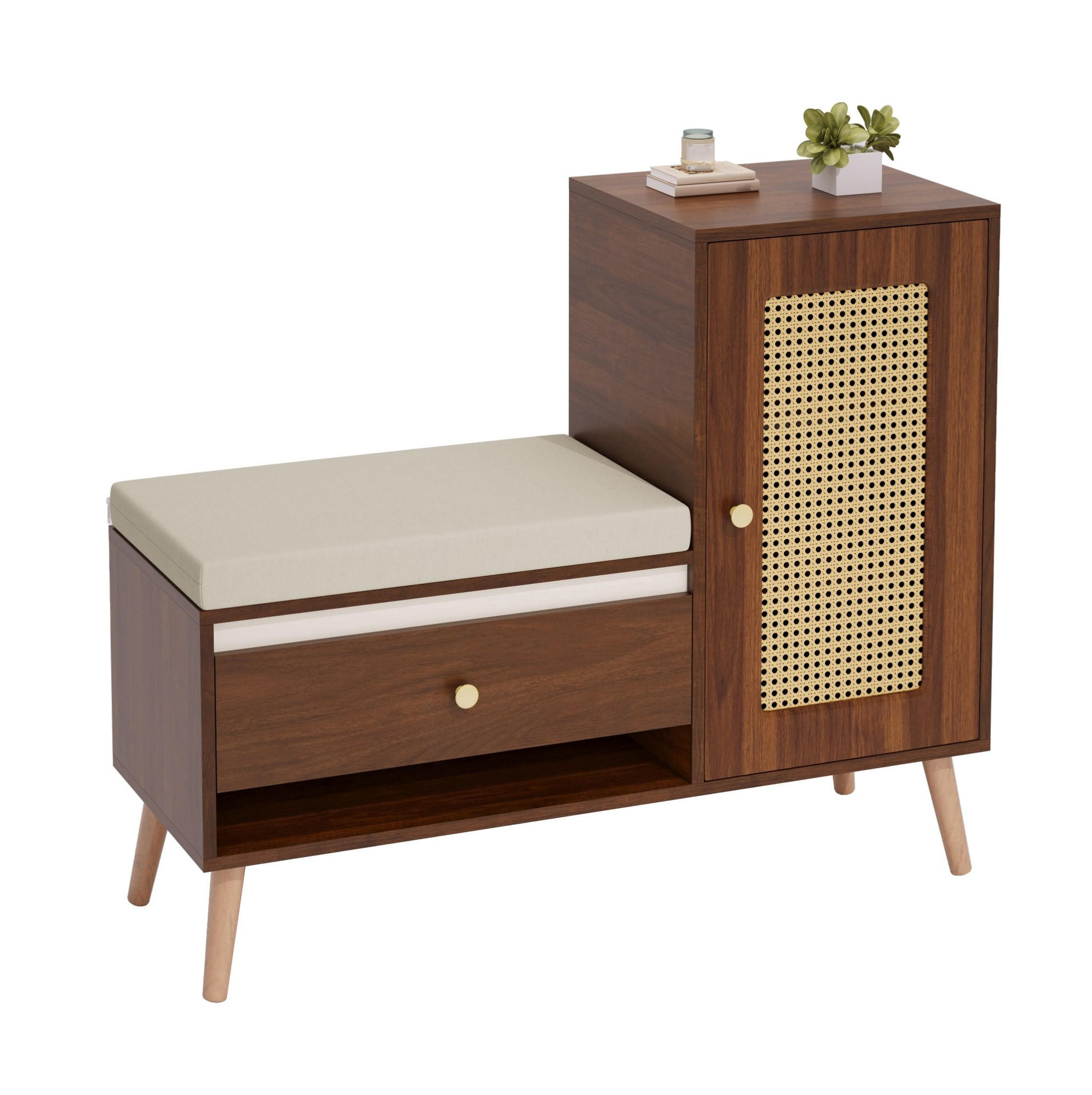 SCHUHSCHRANK 95,5/35/80,5 cm mit Sitzkissen, Schubladen und Rattan-Optik, Nussbaum - Dunkelbraun, Holzwerkstoff (95.5/80.5/35cm) - Redom